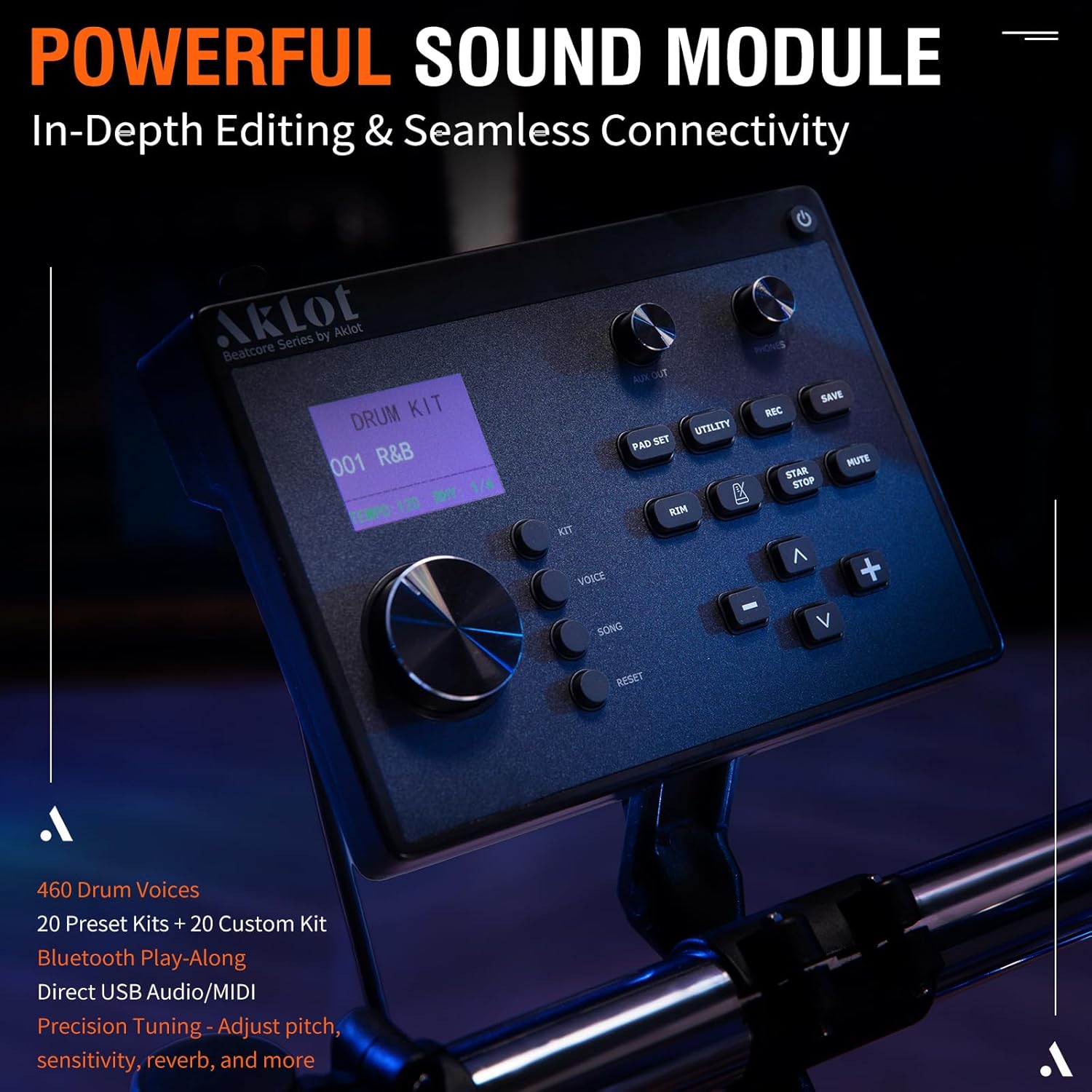 AKLOT Acoustic-Style Electric Drum Set: Independent 16’’ Wooden Bass Drum and 12’’ Snare, Triple-Zone Ride Cymbal, Standalone Hi-Hat, Full Mesh Pads, 460 Sounds, USB MIDI, Throne, Sticks (B-CORE543)