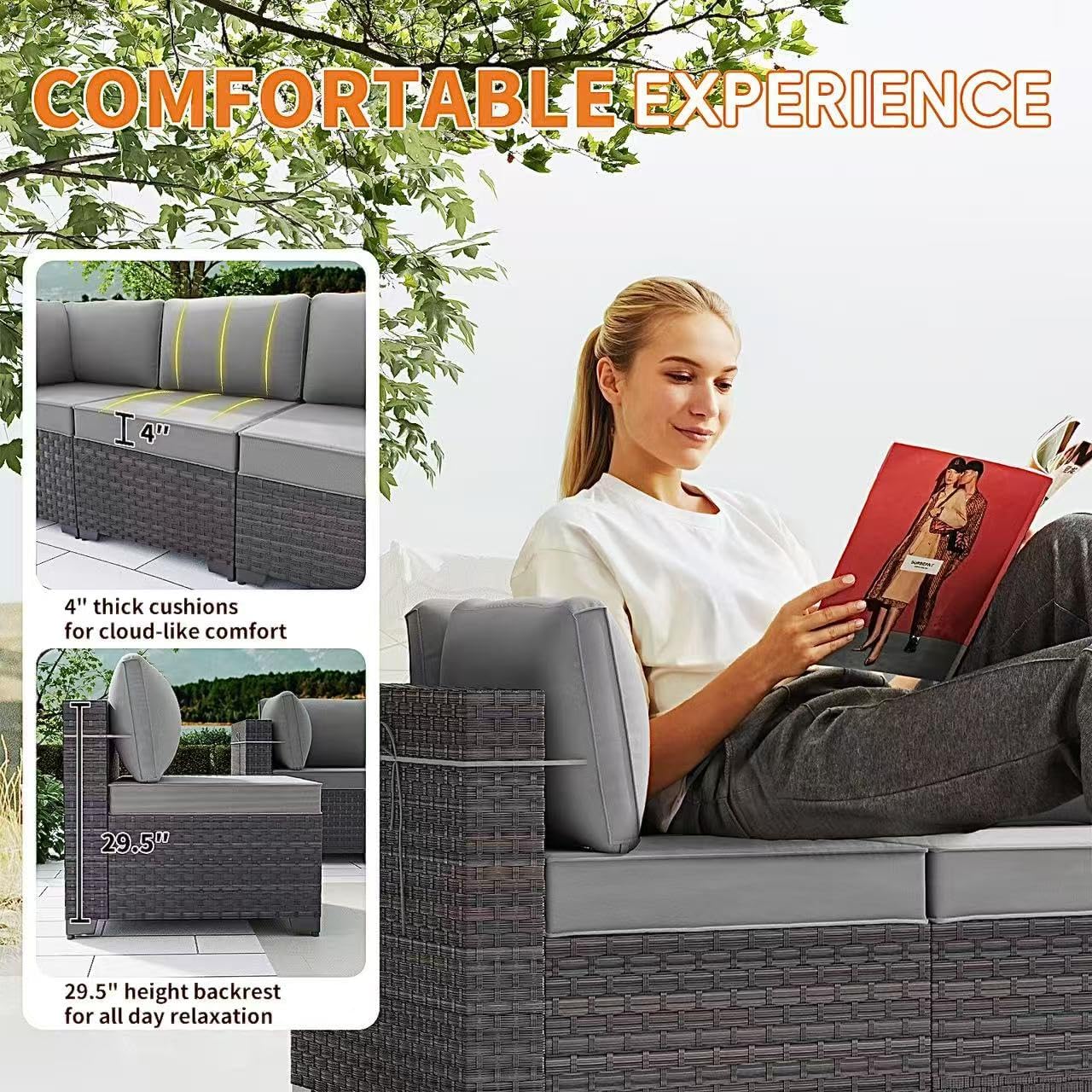 Gotland 10 Pieces Patio Furniture Set with Fire Pit Table, All Weather Rattan Outdoor Furniture with 29.5'' High Backrest 4’’ Thick Cushions Coffee Table, Outdoor Sofa for Deck, Garden, Backyard, Gray