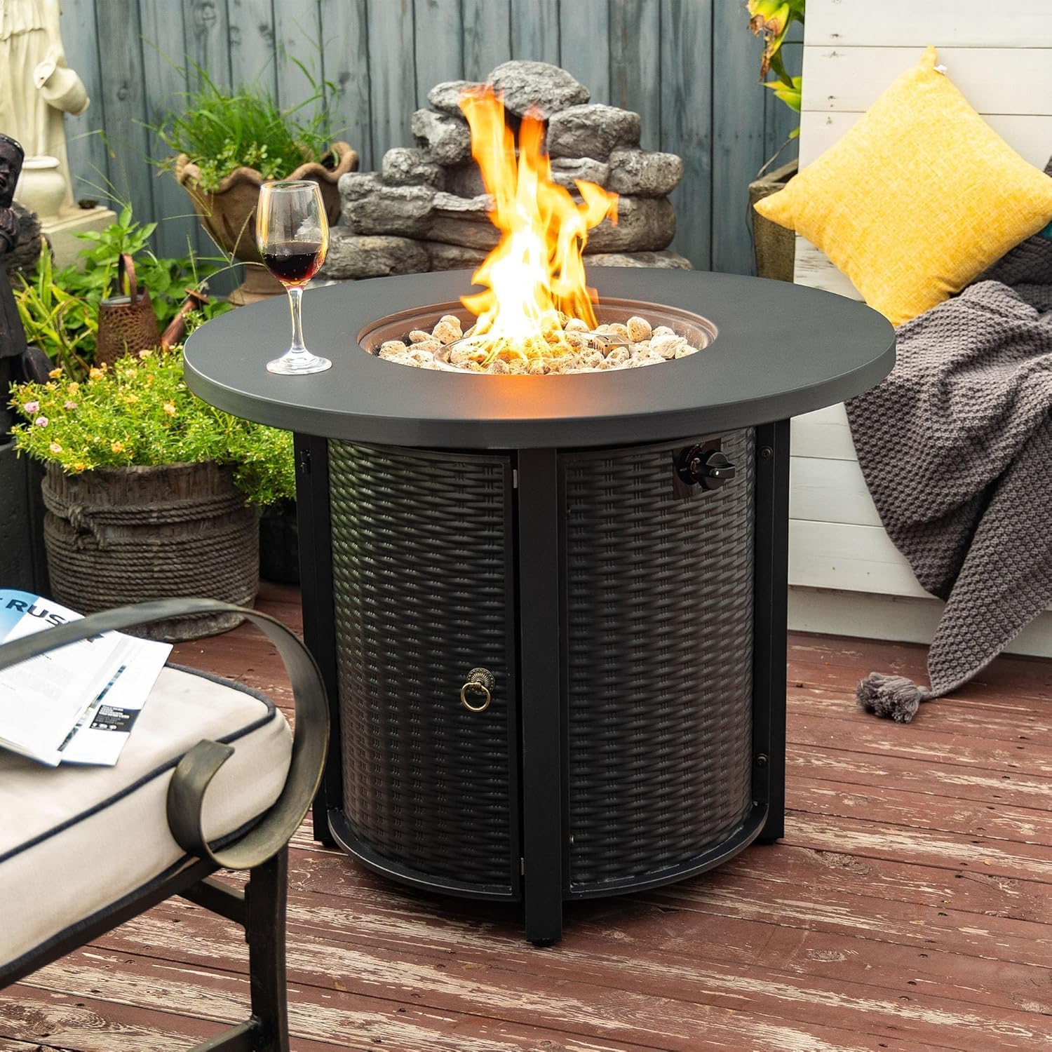 32'' Round Gas Fire Pit, 50,000 BTU Steel Outdoor Fire Tables, Fire Table with Lid, Add Warmth & Ambience to Gatherings and Parties On Patio Deck Garden Backyard, Black.