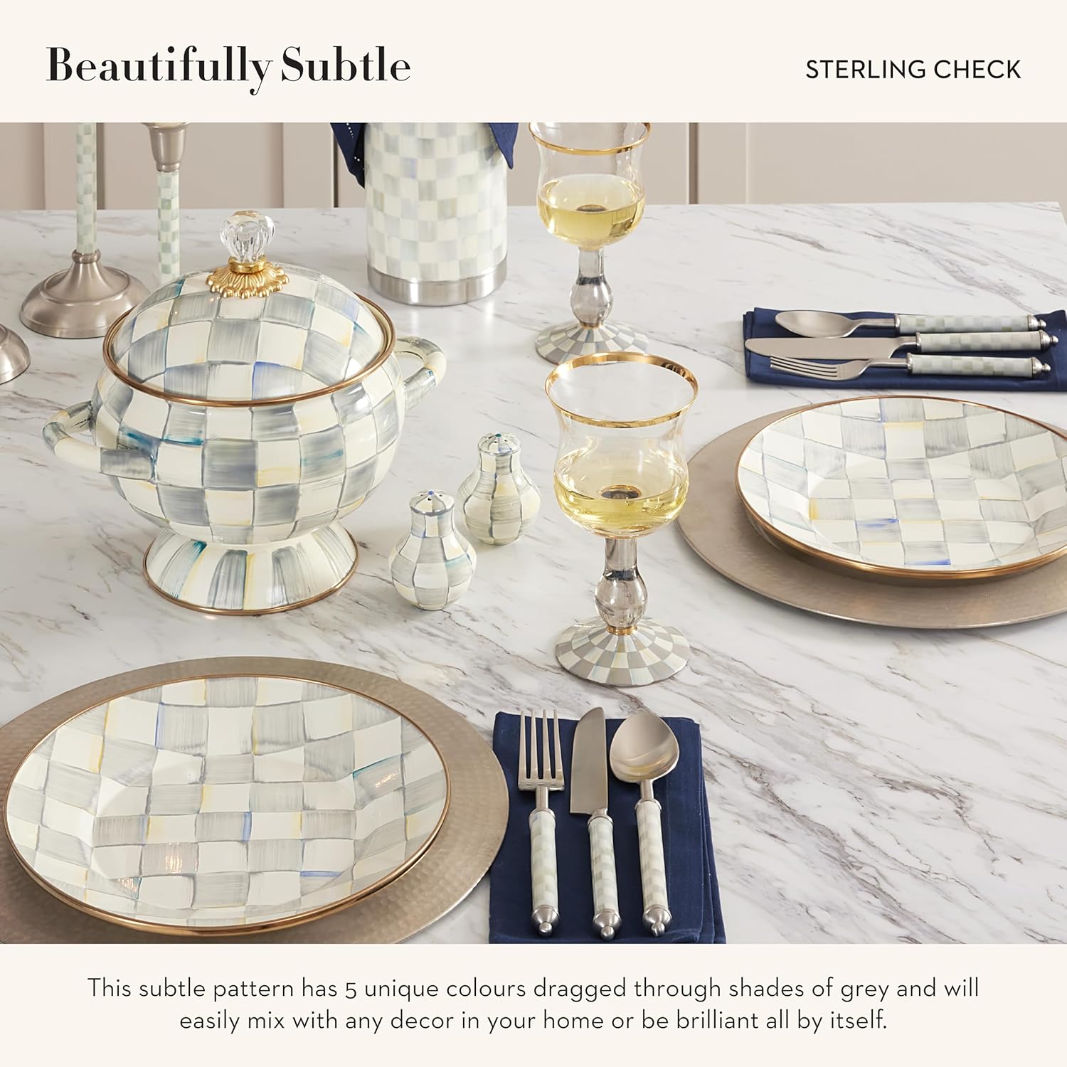 MACKENZIE-CHILDS Enamel Salt and Pepper Shakers, Farmhouse Kitchen Decor and Accessories, Small, Gray-and-White Sterling Check