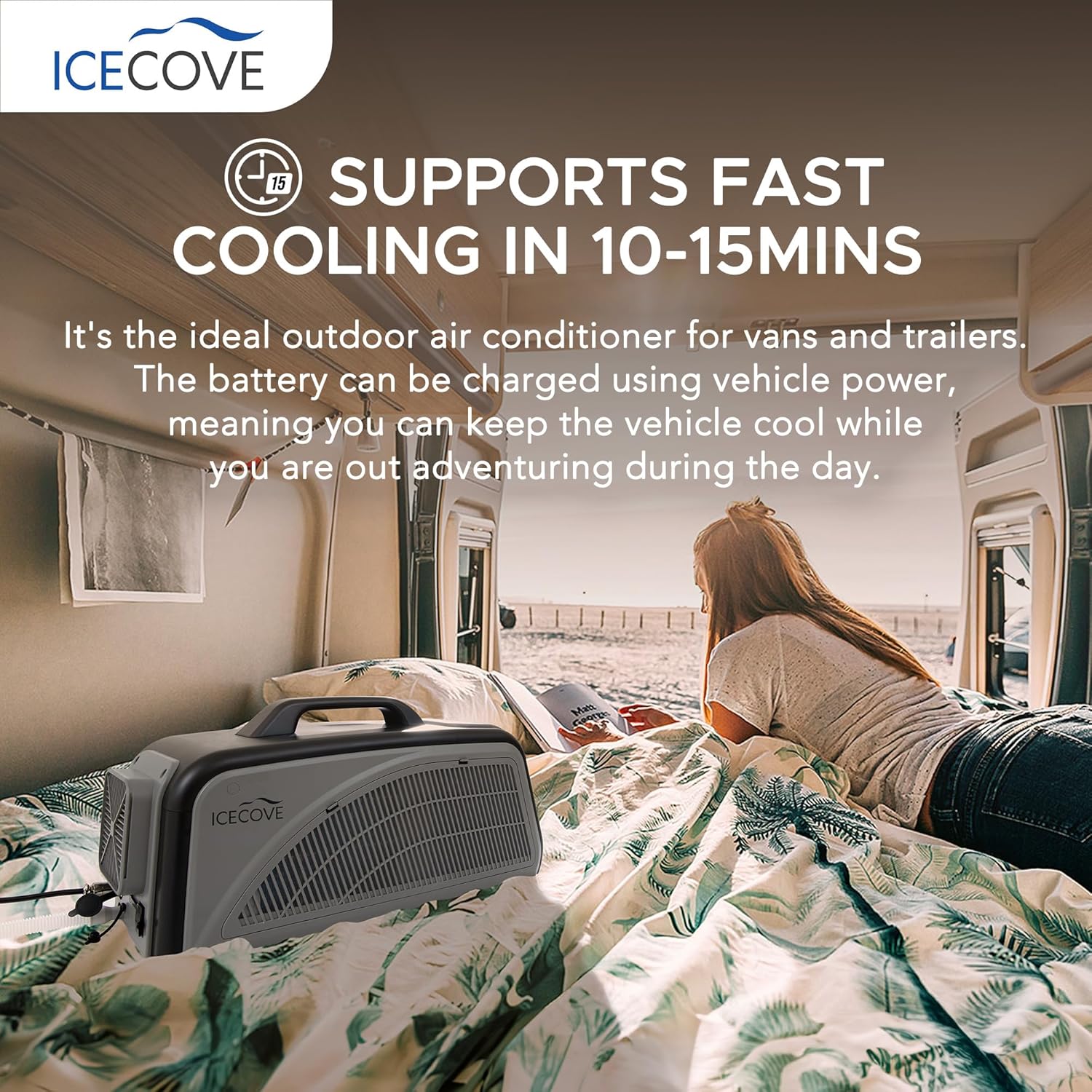 IceCove Portable Air Conditioner with Add-on Battery, 2500BTU Portable Car AC Unit, 250W Low Power Consumption, 25.5VDC, 2 Fan Speed, 3 Light Mode for Tent Camping RV Truck Van Life Home, Gray