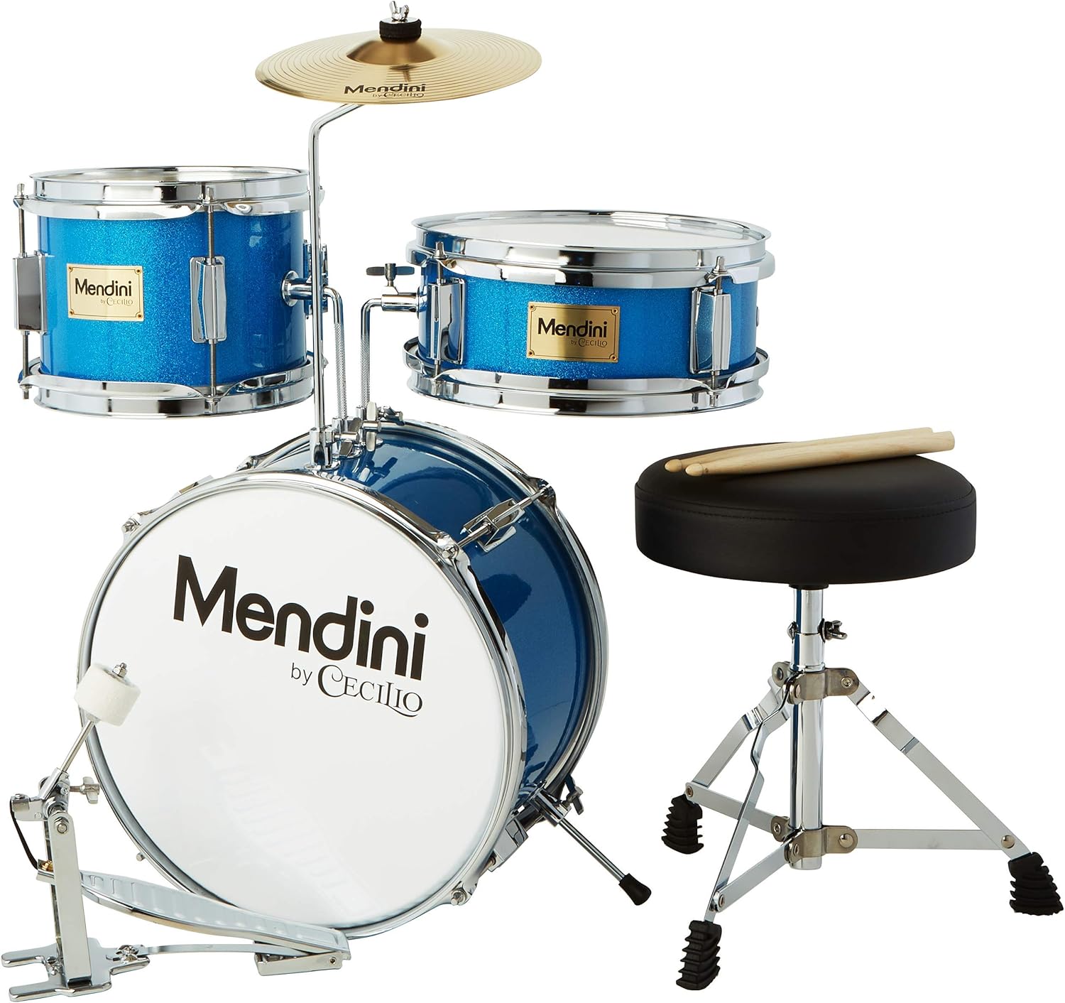 Mendini By Cecilio Drum Set, 3 Piece Junior Drum Set for Beginners with Bass Tom Snare Drum, 13 inch Drum Kit with Snare, Cymbal, Drumsticks, Adjustable Seat (Sky Blue)