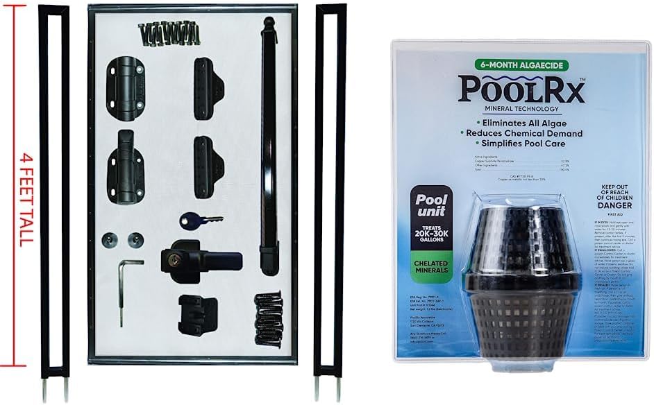 Pool Fence DIY by Life Saver Self-Closing Gate Kit, Black & Pool RX 101066 6 Month Algaecide Treats 20k-30k gallons, Black