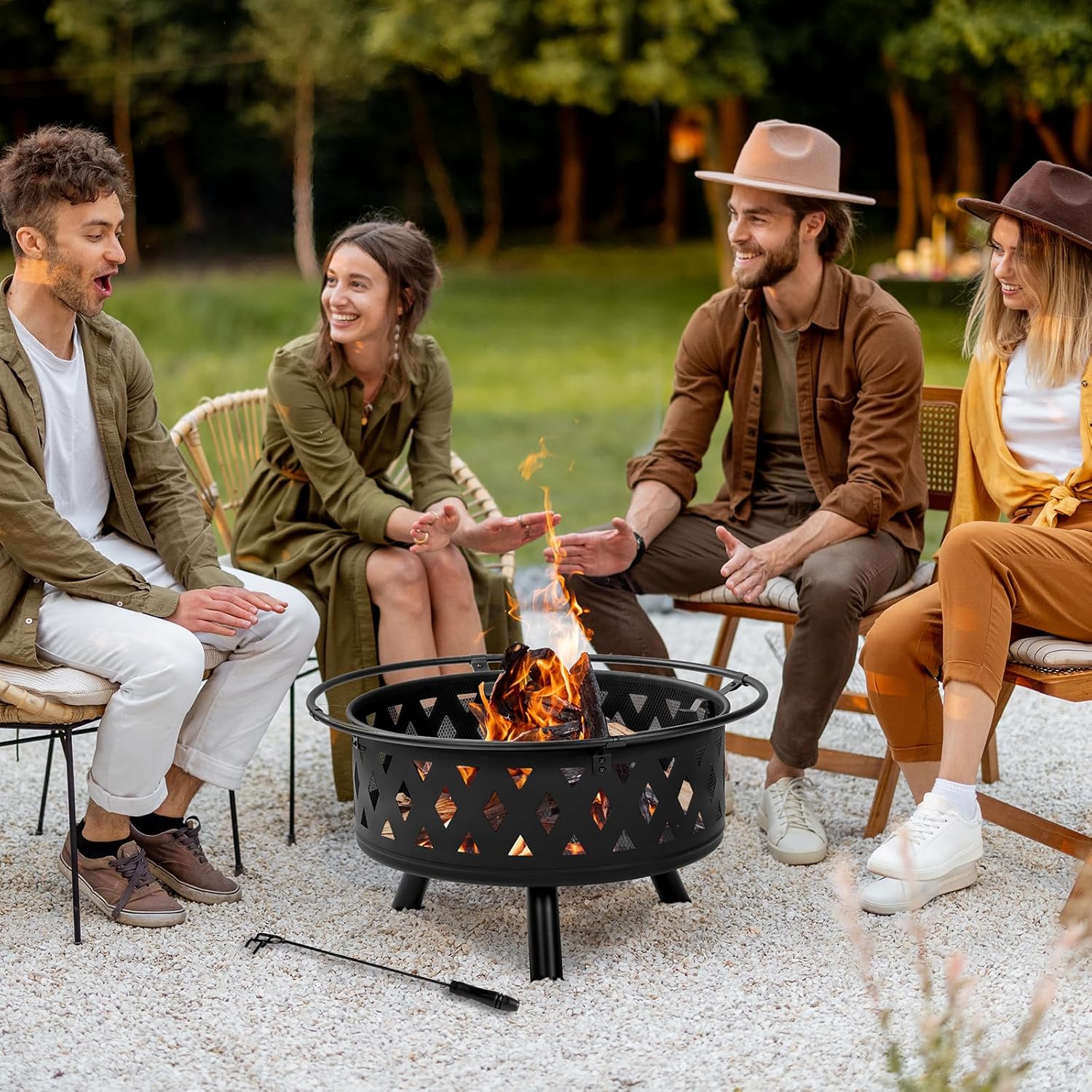 Outdoor Wood Burning Fire Pit 32 Inch, Round Metal Firepit for Outside, Bonfire Fire Pits with Mesh Lid, Poker and Waterproof Cover for Backyard Heating, Garden, Patio, Camping, Black
