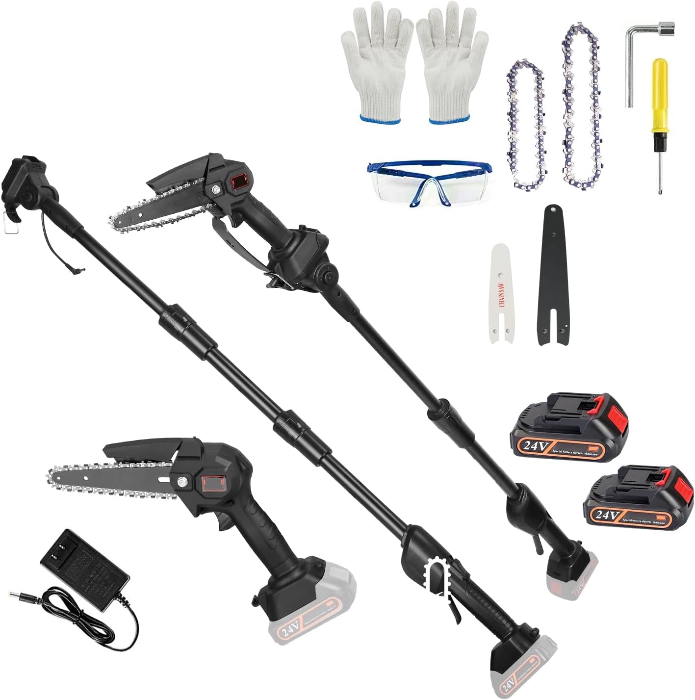 2-in-1 Cordless Pole Saw, Brushless Mini Chainsaw Cordless with Pole, 2 Pack 21500mAh Batteries Powered Pole Saws for Tree Trimming, 13ft Reach Electric Saw for Trees With Pole