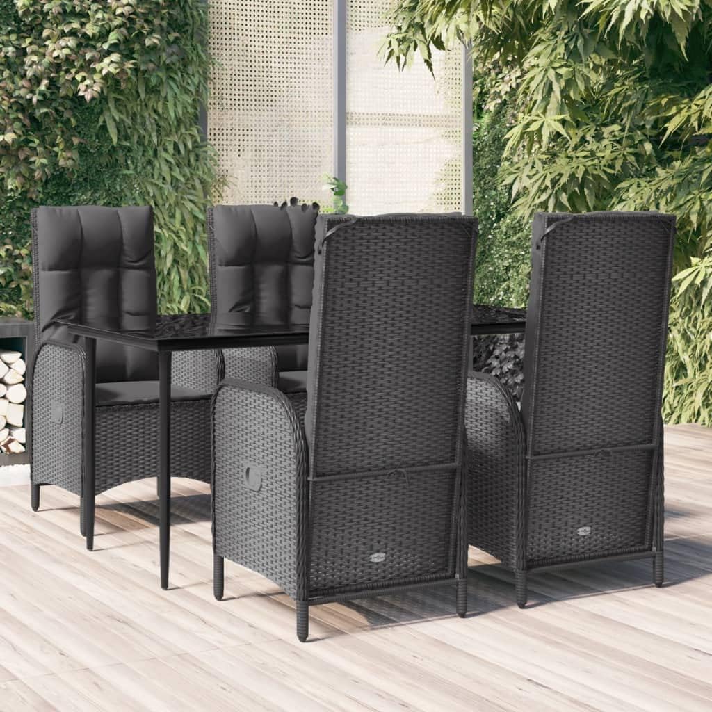 5 Piece Patio Dining Set with Cushions Black Poly Rattan,Patio Dining Set Reclining Chairs and Tempered Glass Table Modern Outdoor Furniture Patio Furniture Sets, Outdoor Furniture Sets