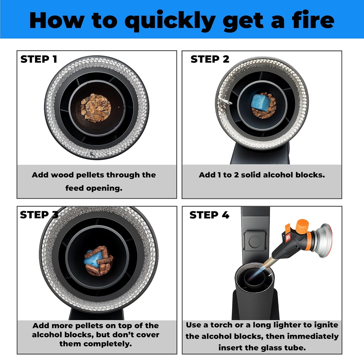 Smokeless Wood Pellet Patio Heater, Spiral Swirling Flame Glass Tube Fire Pit for Patio/Garden/Backyard, Anti-Tip Steel Base with Adjustable Feet, Outdoor Use Only