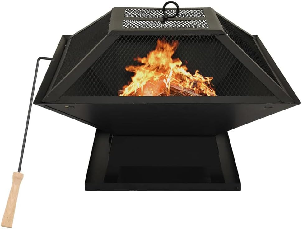 2-in-1 Fire Pit and BBQ,18.3in Wood Burning Firepit, Square Metal Firepit Brazier, Outdoor Stove Bowl with Spark Screen Cover, Cooking Grid and Fire Poker, for Outside Camping Patio Garden-Black