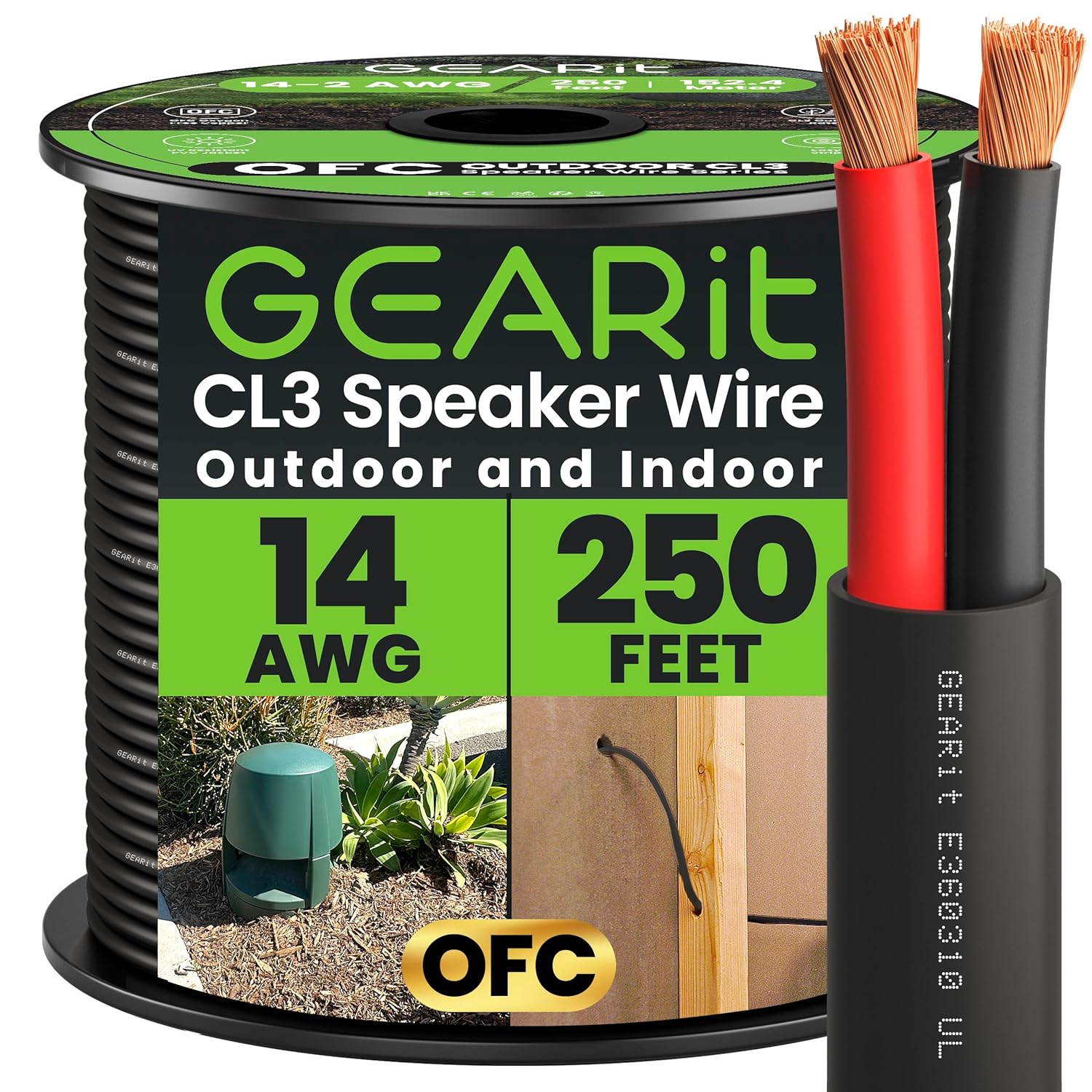 GearIT 14/2 Speaker Wire (250 Feet) 14AWG Gauge - Outdoor Direct Burial in Ground/in Wall / CL3 CL2 Rated / 2 Conductors - OFC Oxygen-Free Copper, Black 250ft
