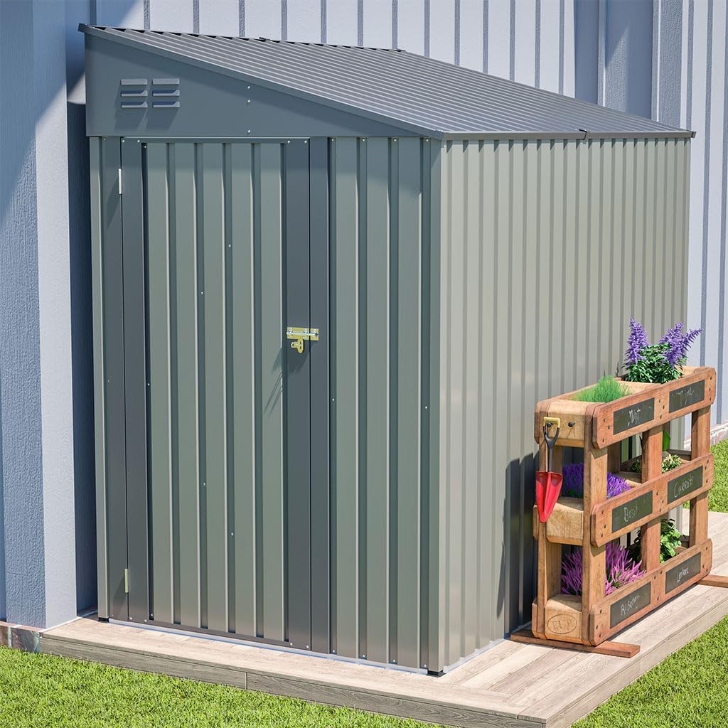 4x7 FT Lean-to Metal Storage Shed, Outdoor Galvanized Steel Shed with Lockable Double Doors, Vented Waterproof Tool Shed for Garden, Backyard, Patio & Bikes,Gray