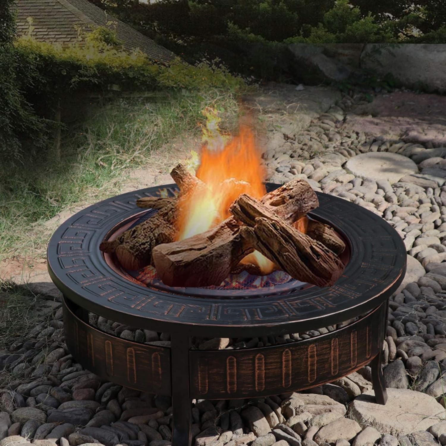 Outdoor Fire Pit Portable Garden Bonfire Pit and 4 Leisure Stools, Outdoor Heater with Cooking Grill, Wood Burning Fire Pit, 81cm/31.8