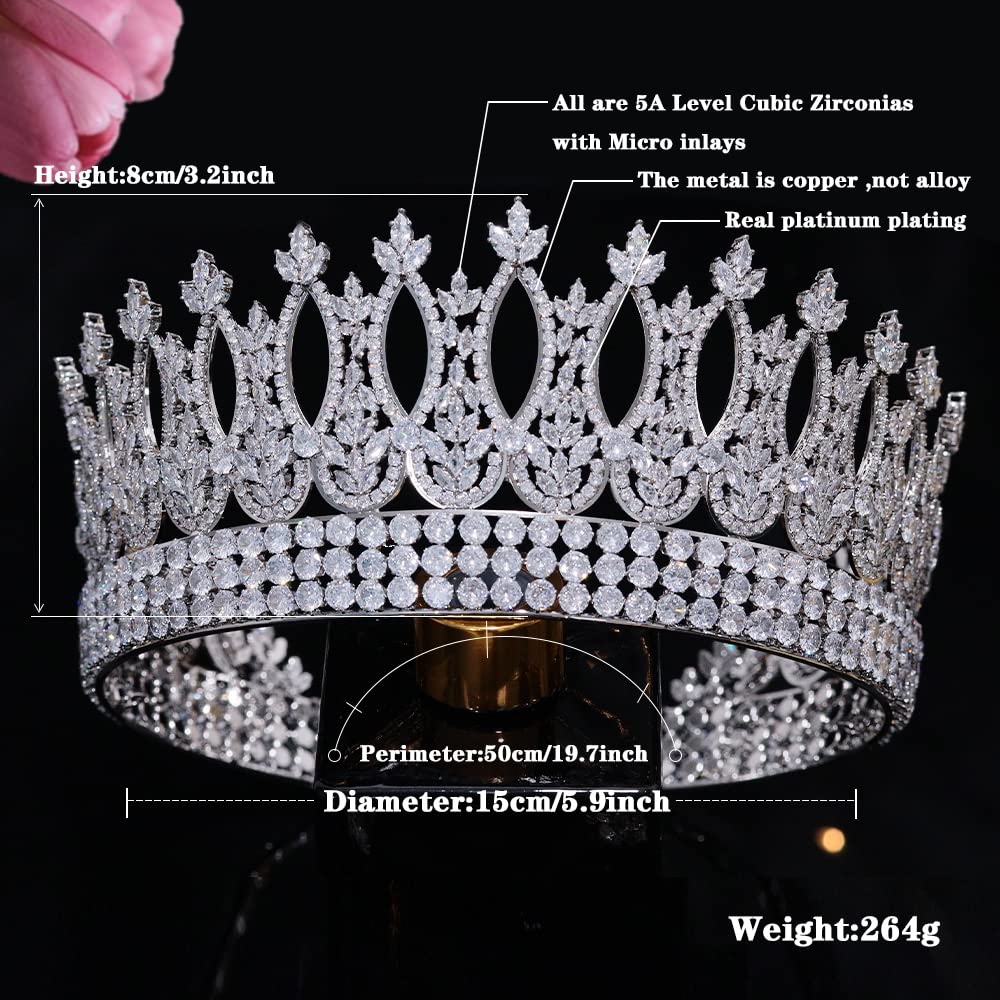 Jorsnovs Luxury Tall Round Wedding Crowns for Bride Queen Tiaras 5A Cubic Zirconia Birthday Princess Big Hair Accessories
