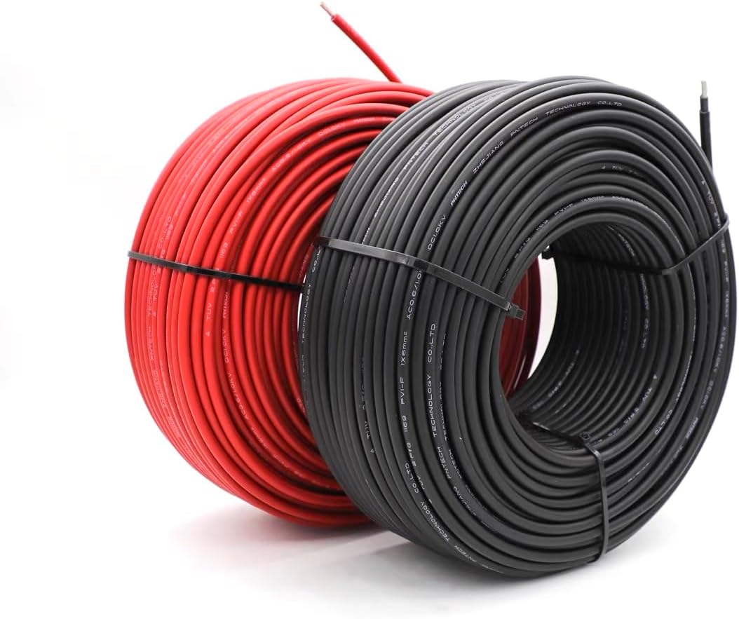 Solar Cable 100Ft 30M 10 awg Wire, 100FT Black + 100FT Red 10 Gauge Wire Solar Extension Cable Wire with 6 Pairs Solar Connectors for RV, Photovoltaic Systems (100, Black red)