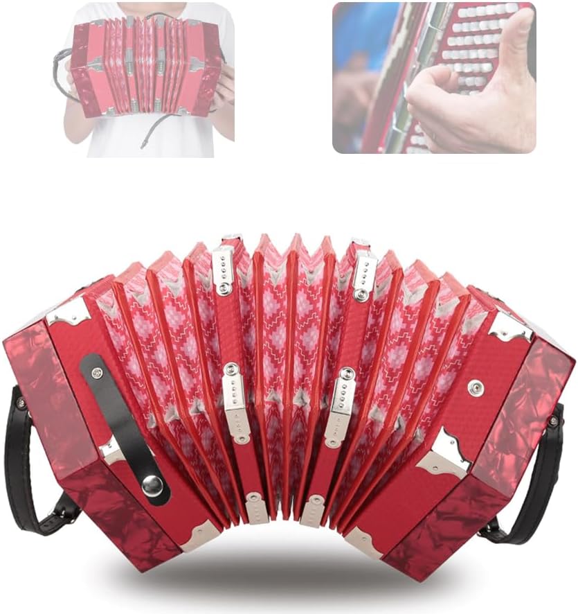 Accordion Concertina 20 Buttons, for Adults ABS Material Buttons Accordion Musical Accessories with Adjustable Straps and Bag 20.5 X 23.5 Cm (red)