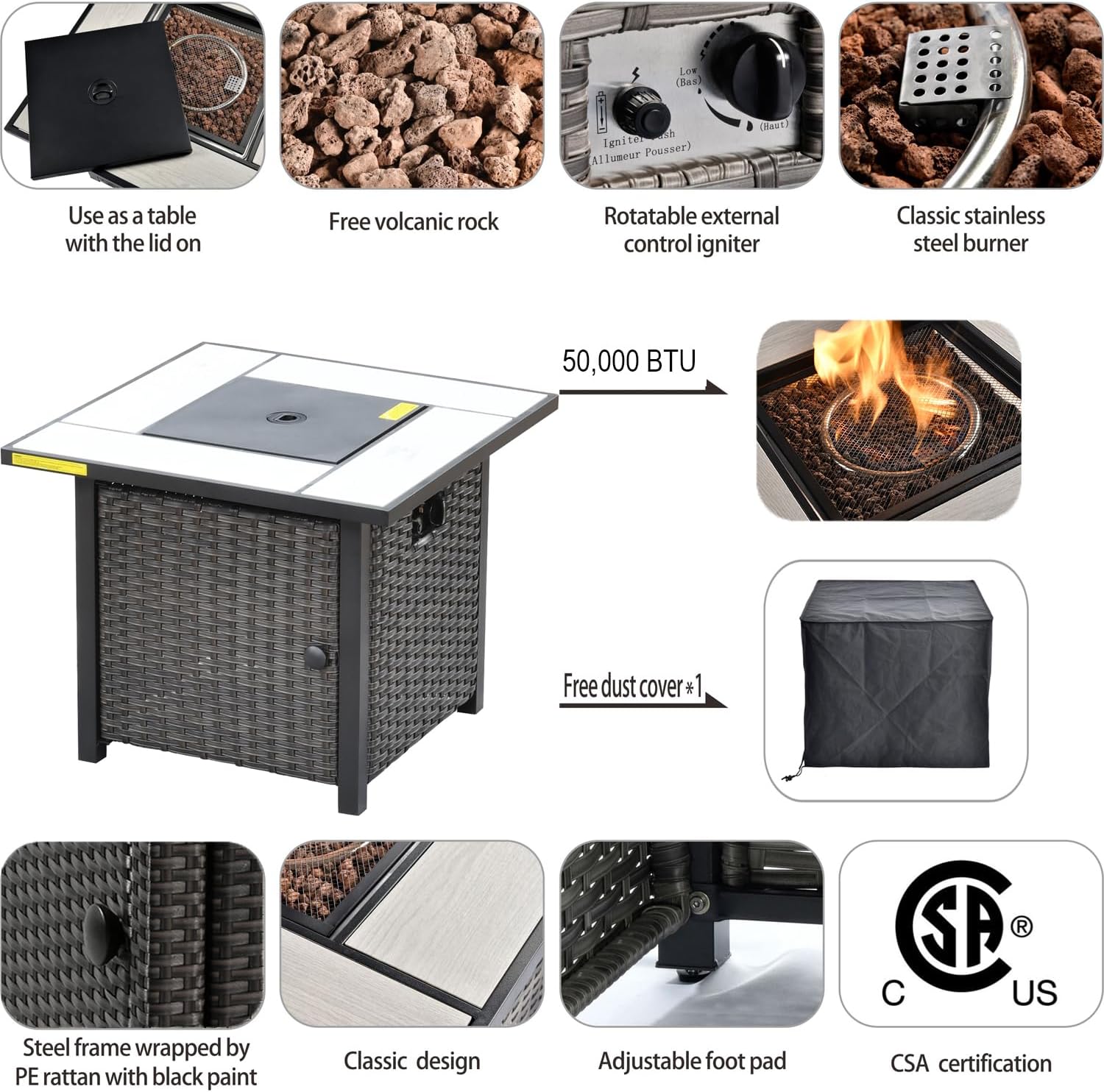 HOOOWOOO Patio Outdoor Furniture Set with Propane Fire Pit Table,9 Piece High Tilt Back Wicker Couch Sofa Set with Swivel Chair, Outside All Weather Conversation Seating Set w Ottoman(Orange Red)