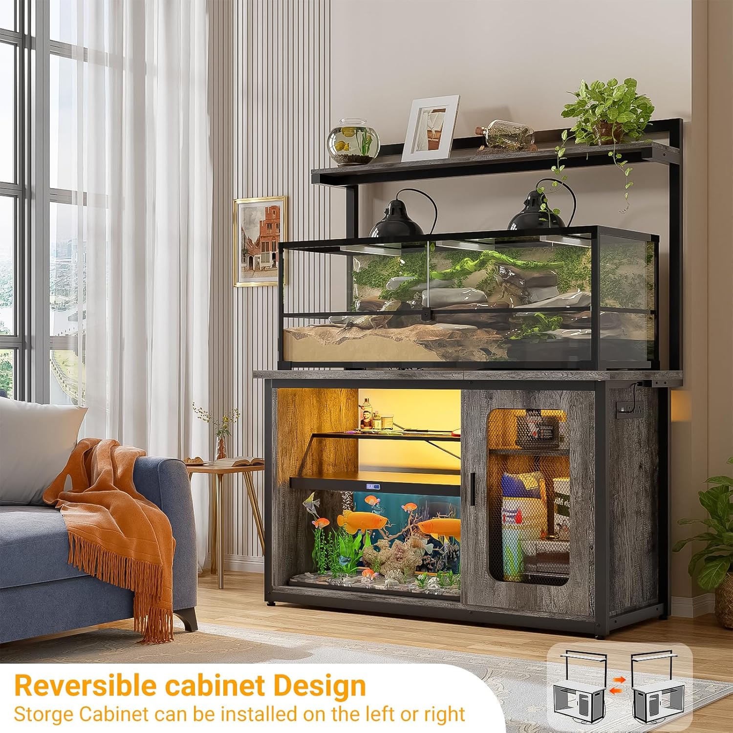 Unikito 55-75 Gallon Fish Tank Stand with Power Outlets & LED Light, Heavy Duty Aquarium Stand with Reversible Cabinet for Tank Accessory Storage, Reptile/Terrarium Stand, Black Oak