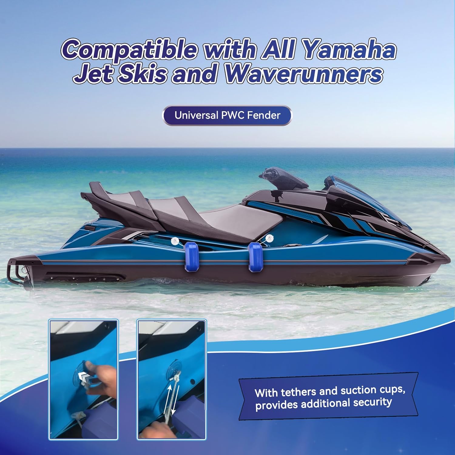 Jet Ski Bumpers for Docking, PWC Fenders Fit Yamaha Jet Skis, PWC Bumpers Waverunner Accessories with Quick Attachment, 2 Pack, Blue