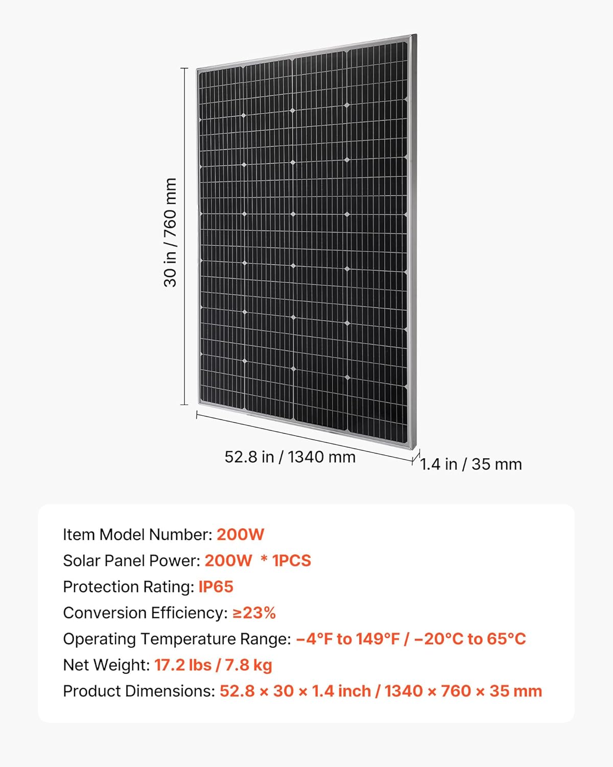 VEVOR 200W Monocrystalline Solar Panel, 23% High-Efficiency Mono PV Module with Stable MC4 Output & Aluminum Frame, IP65 Waterproof Solar Panel for Car Boat RV Flat Rooftop Off-Grid Applications