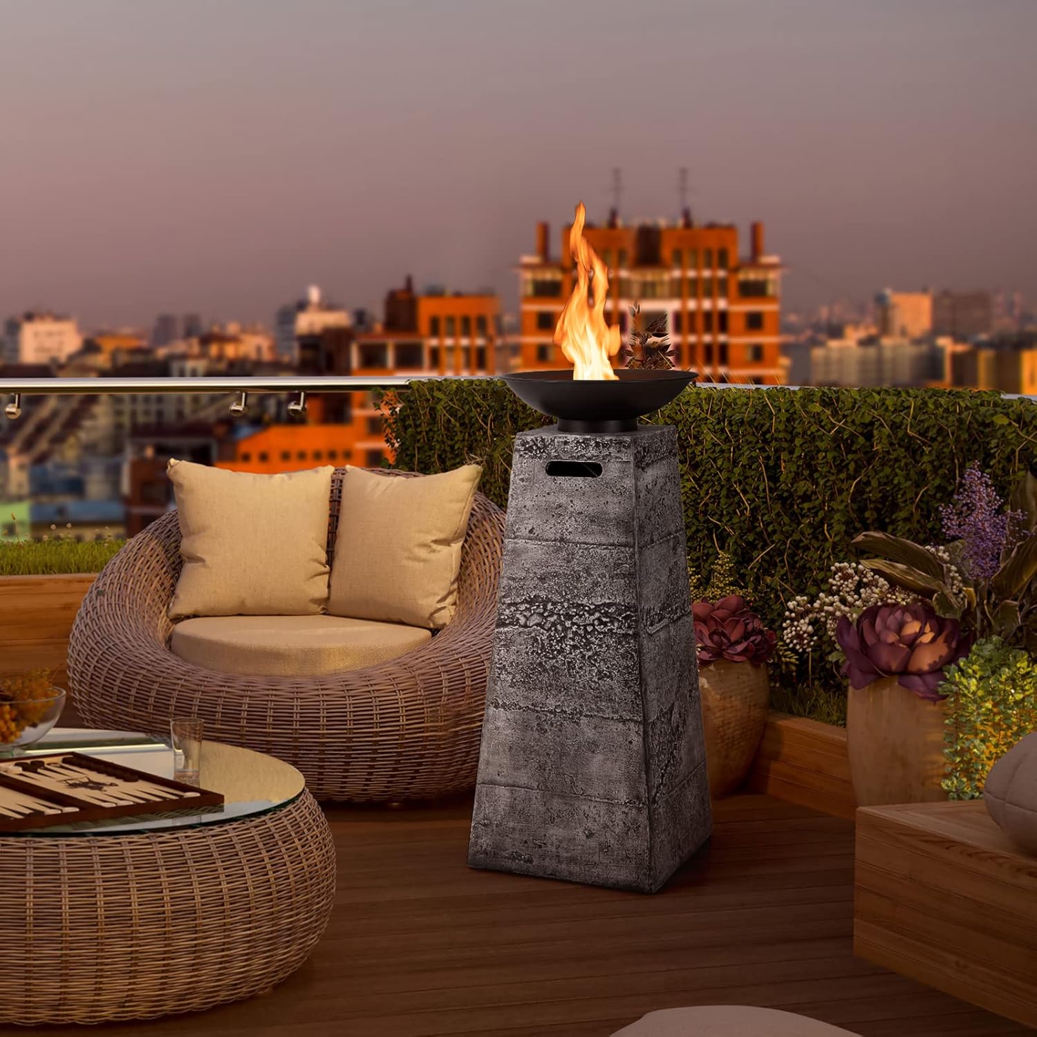 Giantex Outdoor Propane Fire Pit - 48 Inch Propane Fire Bowl Column with Lava Rocks & PVC Cover, 30,000 BTU Heat Output, Stainless Steel Burner, Patio Burning Gas Fire Pit Bowl for Backyard, Poolside