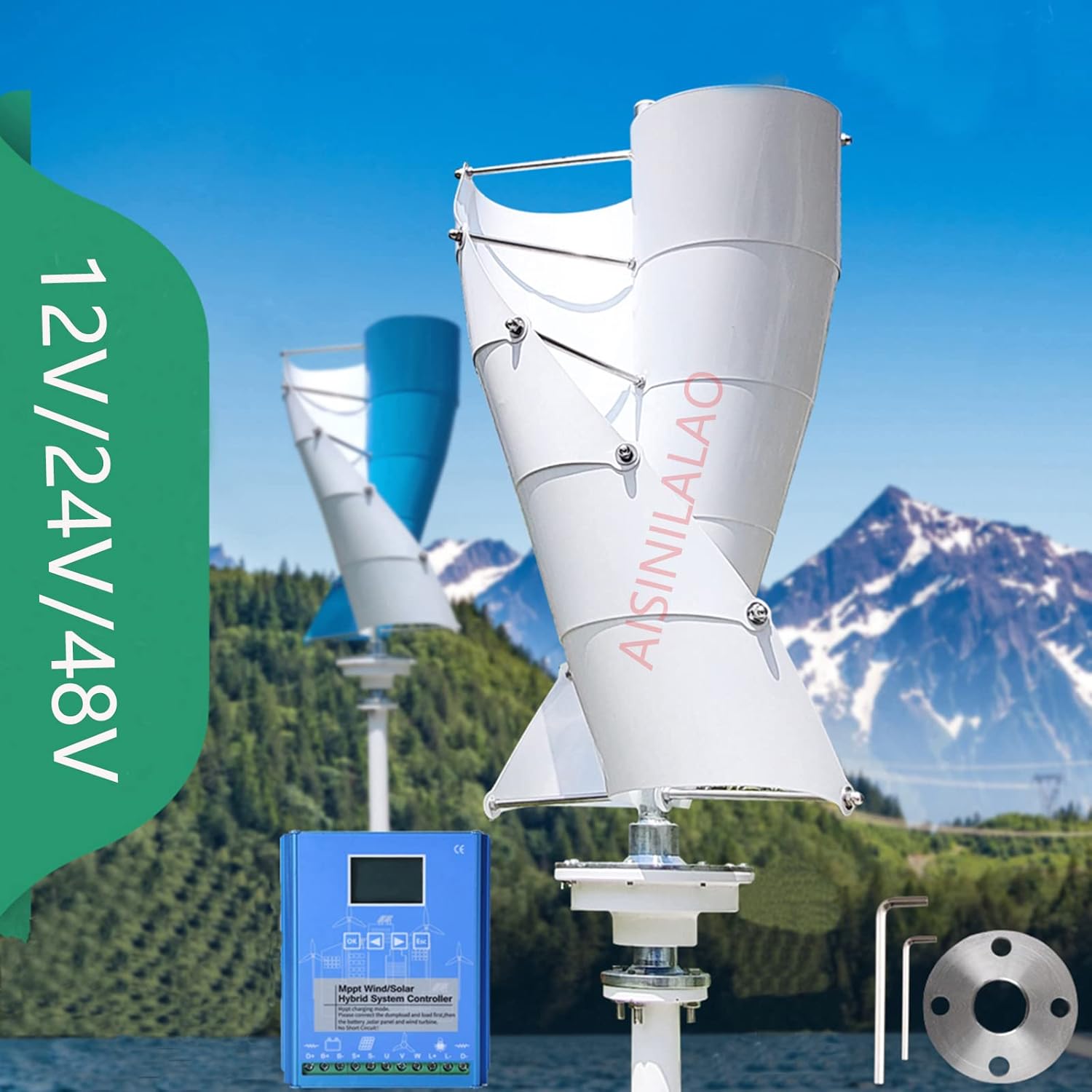 8000W 12V/24V Vertical Wind Turbine Generator, 10 Blades Helix Magnetic Levitation Wind Turbine Generator with Controller & Ring Flange -White