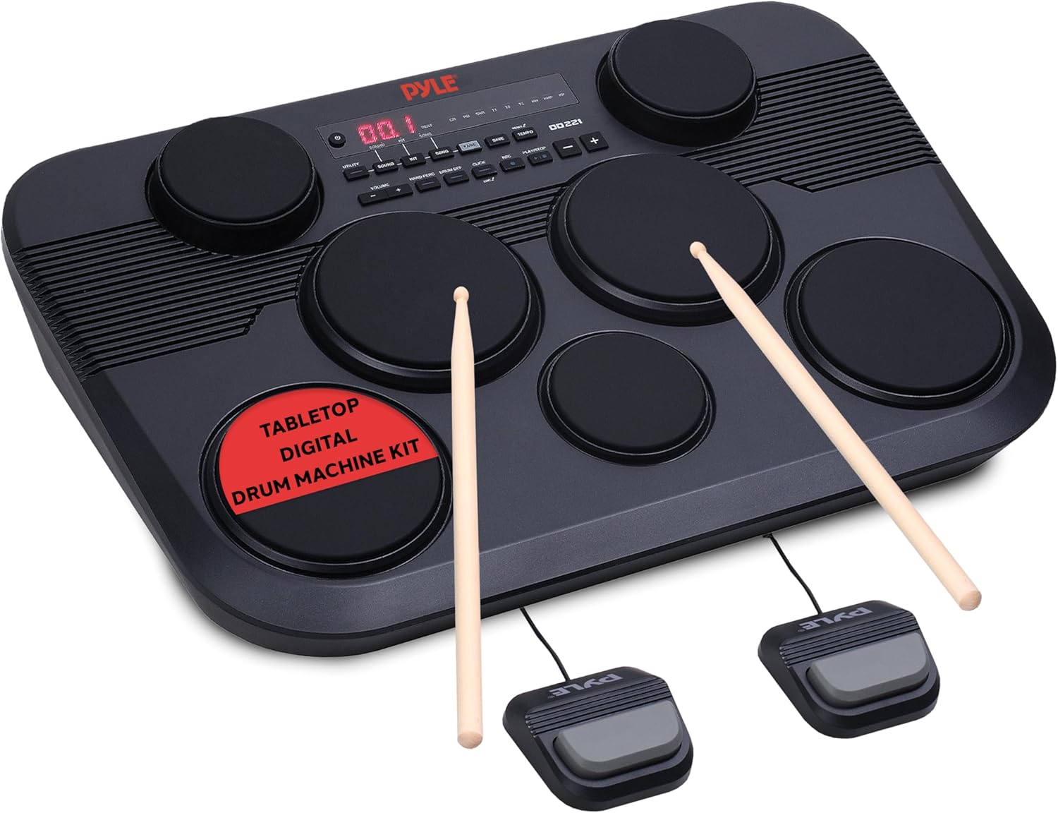 Pyle Electronic Tabletop Digital Drum Set, Compact Portable Drum Pad Kit w/ 7 Touch Sensitive Drum Pads and Pedals, 273 Sounds, USB & Headphone Outputs, MIDI/AUX Inputs, 4x5” Drums & 3x3.5” Cymbals