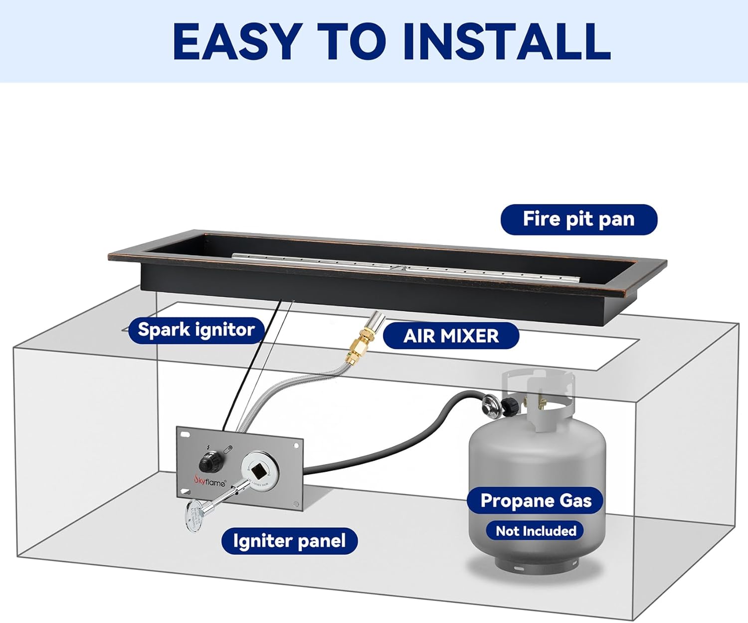 Skyflame 30 x 10 Inch Rectangular Fire Pit Pan Kit, Black Drop-in Fire Pit Pan and Burner, Come with Spark Ignition and Propane Hose, Indoor/Outdoor Fire Pit, Fire Table DIY Decorative