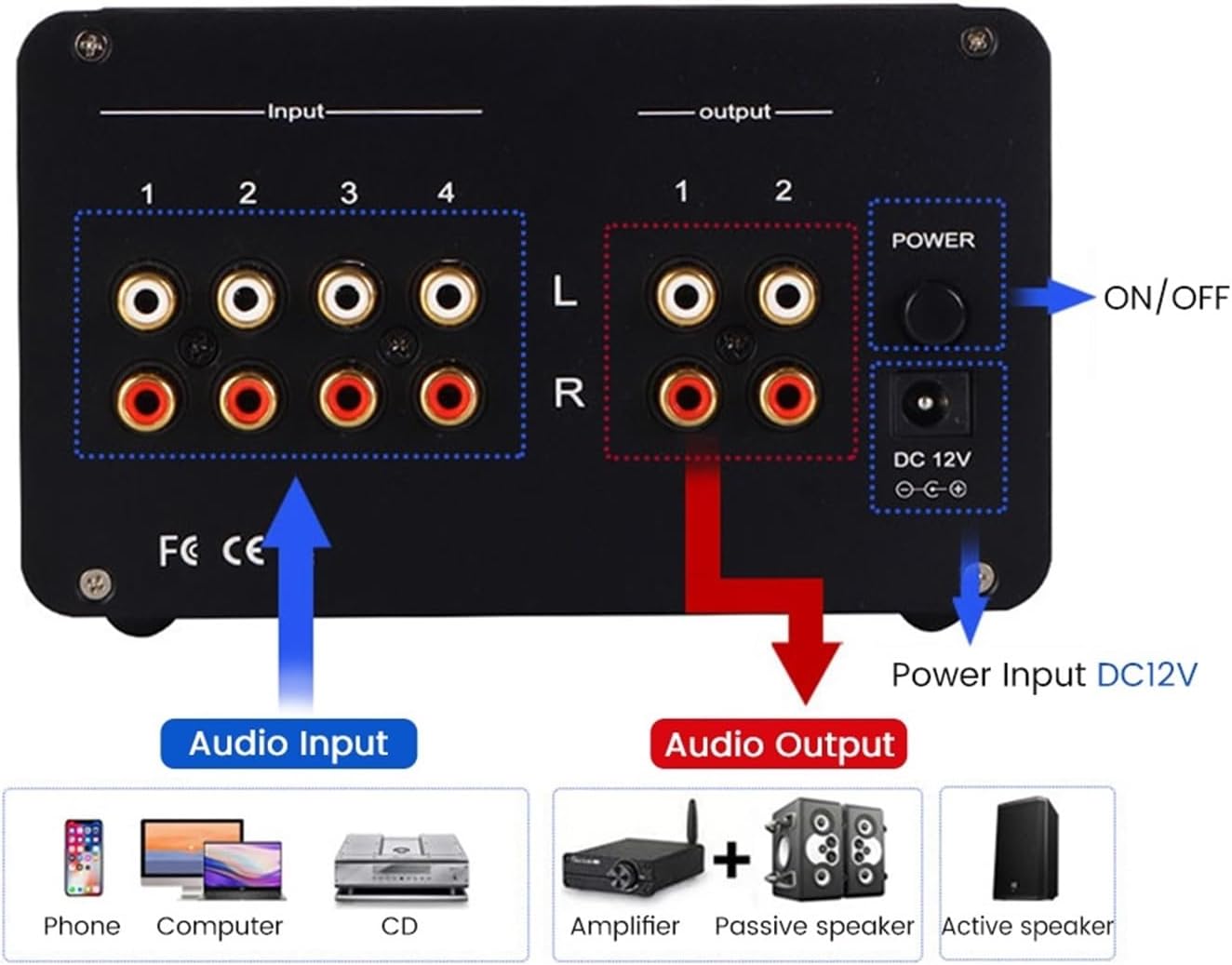 12V SA-1000 Tube preamplifier 4 Input 2 Output Headphone Amplifier high and Low Tone Adjustment Audio Amplifier