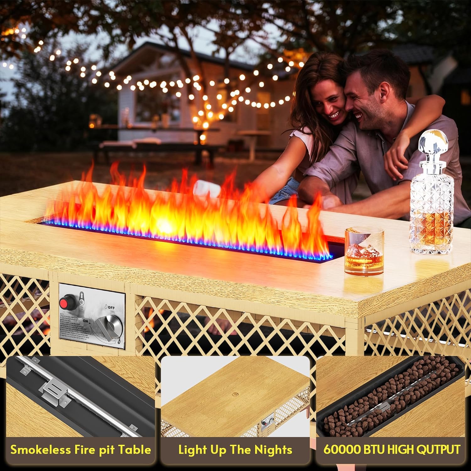 LYNSLIM Outdoor Fire Pit Table with Tank Table, CSA Certifed 60,000 BTU Stainless Steel Burner, Rattan Rectangular Propane Patio Firepit Table for Outside with Exterior, Porch, Backyard or Garden