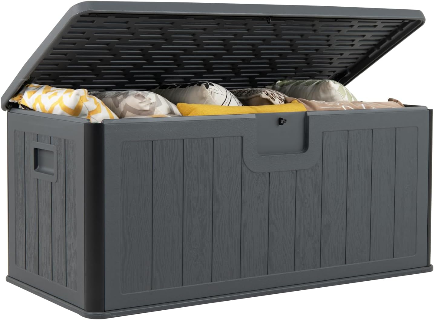 Giantex 100 Gallon Deck Box, Waterproof Resin Box with Lockable Lid, 440Lbs Outdoor HDPE Storage Container Bench for Patio Furniture Cushions, Pool Tools & Garden Accessories (Grey)