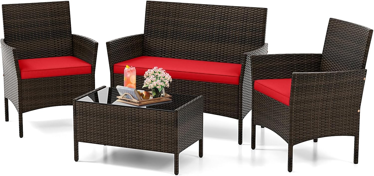 KOTEK 4 Piece Patio Furniture Set, Outdoor Rattan Conversation Set with Loveseat, Wicker Chairs, Tempered Glass Coffee Table, Wicker Patio Set for Backyard, Porch (Red)