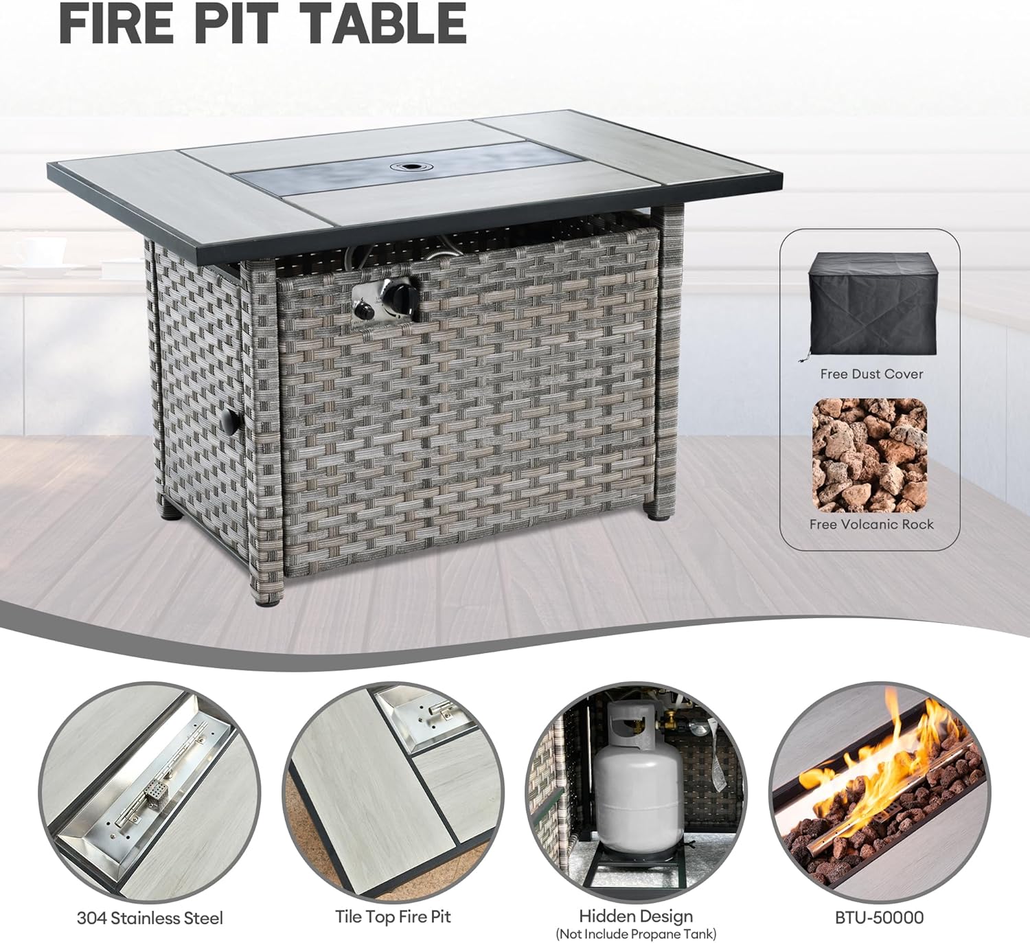 Outdoor Patio Furniture Set, 10 Pieces PE Wicker Patio Conversation Set with Rectangular Propane Fire Pit Table for Gathering (Navy Blue)