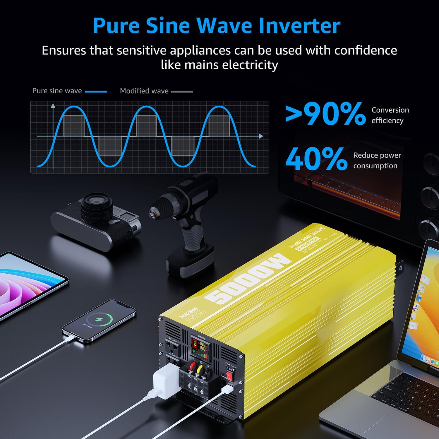 XWJNE 5000W Pure Sine Wave Power Inverter 48V DC to 120V AC Converter with LCD Display and Remote Controller for Home, RV, Truck, Off-Grid Solar Power