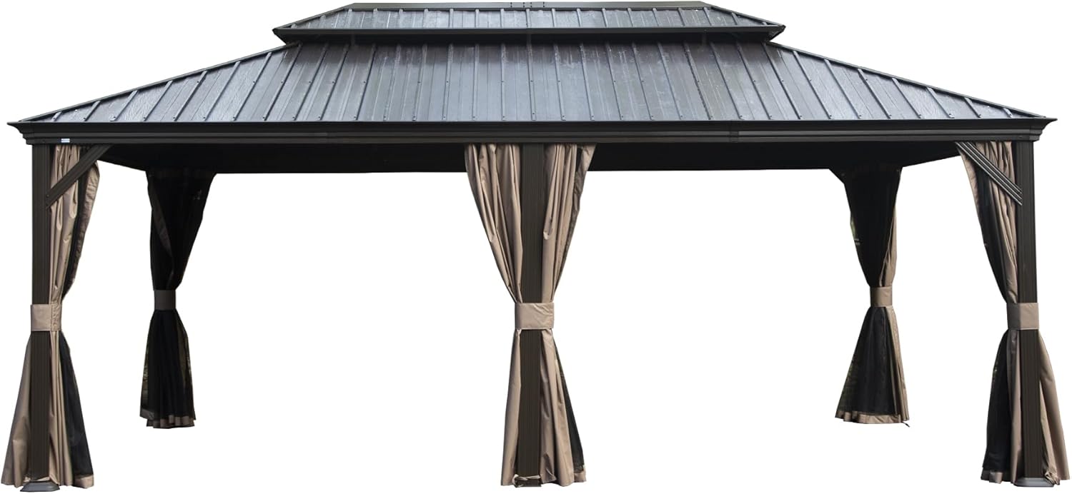 ESPIDOO 12x18FT Hardtop Metal Gazebo: Upgraded Galvanized Steel Roof with Drainage System & Netting - Outdoor Shelter Canopy for Patio Garden Backyard & Family Gatherings