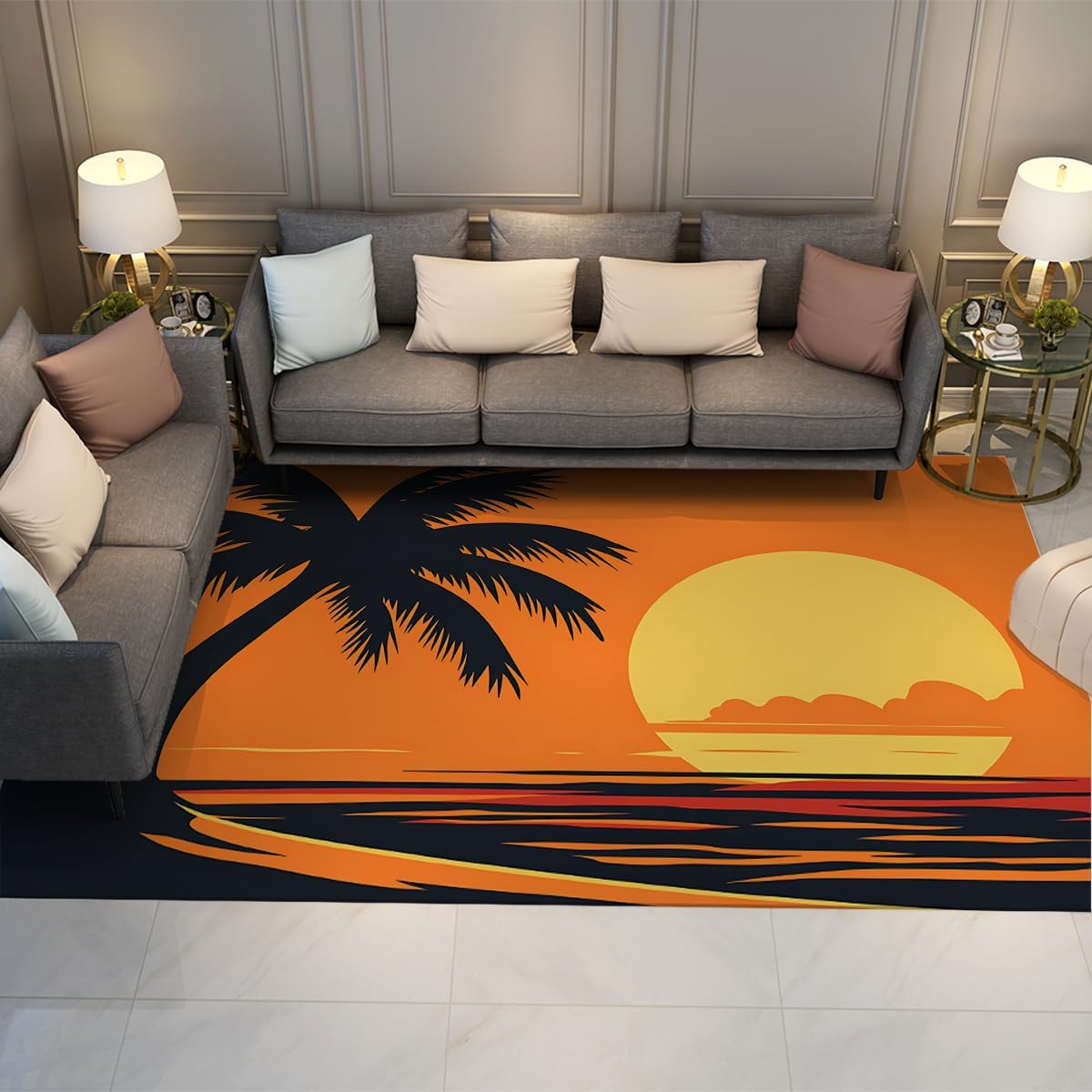 Tropical Palm Tree Door Mat 6'x10' Ocean Sunset Pop Art Decor Area Rugs Modern Non Slip Easy Clean Indoor Carpet for Living Room Balcony Patio