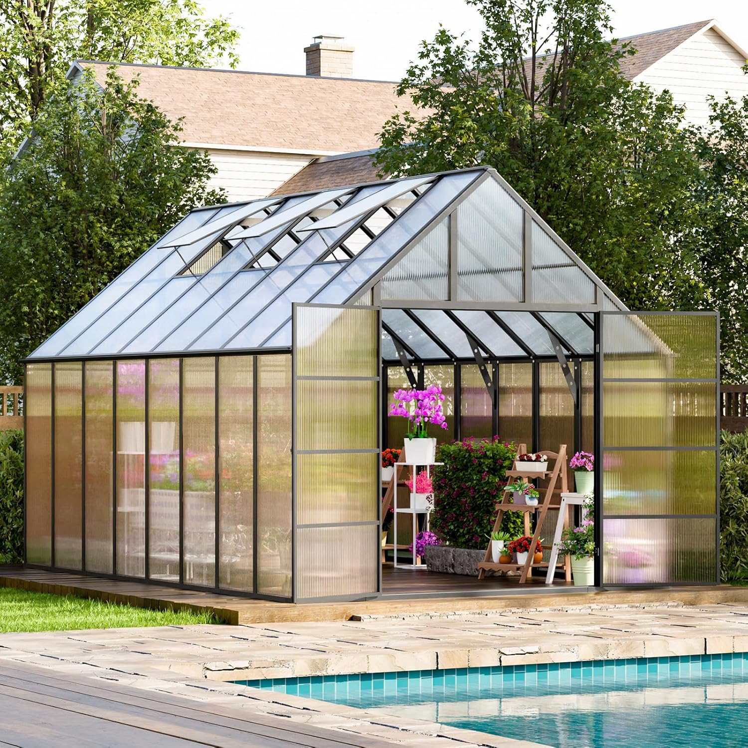 16x10x10 FT Greenhouse for Outdoors, Large Thicker Aluminum Polycarbonate, 3 Vent Windows, Swing Door & Quick T Connector, Walk-in, for Outside, Backyard, Garden