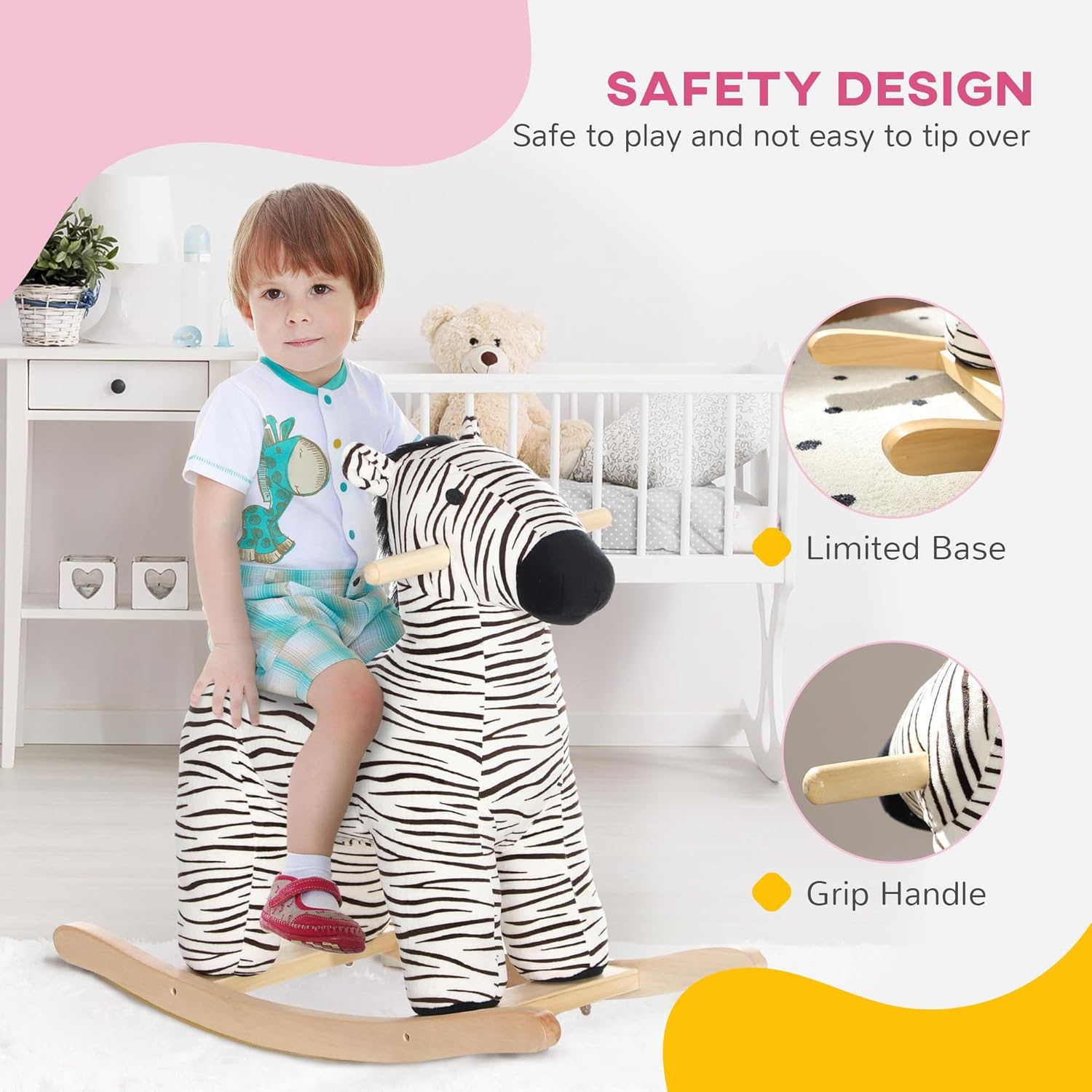 Soft Plush Rocking Horse with Realistic Animal Sound Effects and Sturdy Wooden Base for Gentle Back-and-Forth Motion