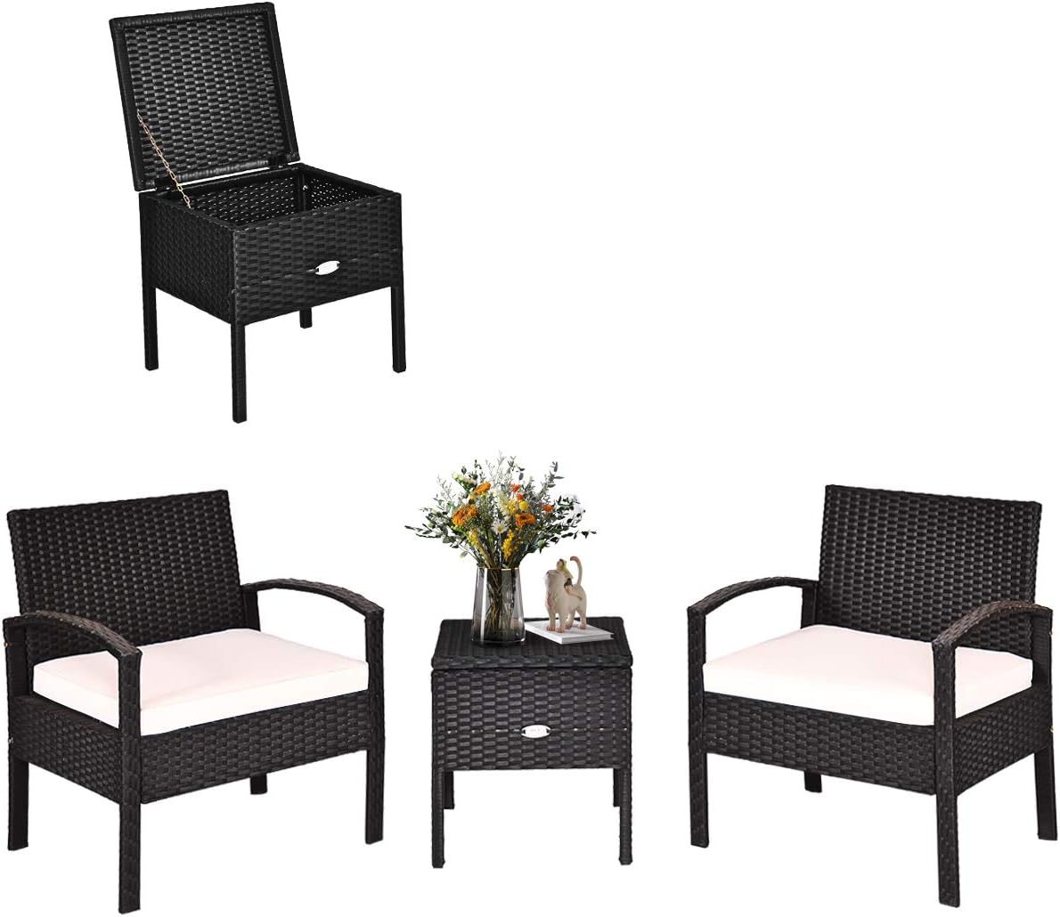 COSTWAY Rattan Patio Furniture Set 3 Pieces, Wicker Conversation Set with Tempered Glass Coffee Table, Seat Cushions, Outdoor Chair Wicker Sofa for Backyard Balcony Porch Poolside, White