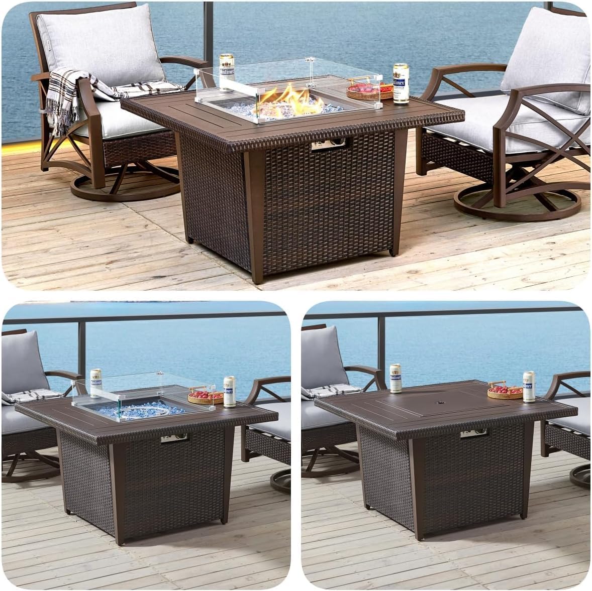 42 Inch Fire Pit Table, 50,000 BTU Outdoor Square Gas Fire Pit Table for Patio Garden Backyard,CSA Certification, with Lid, Glass Wind Guard, Waterproof Cover (Brown)