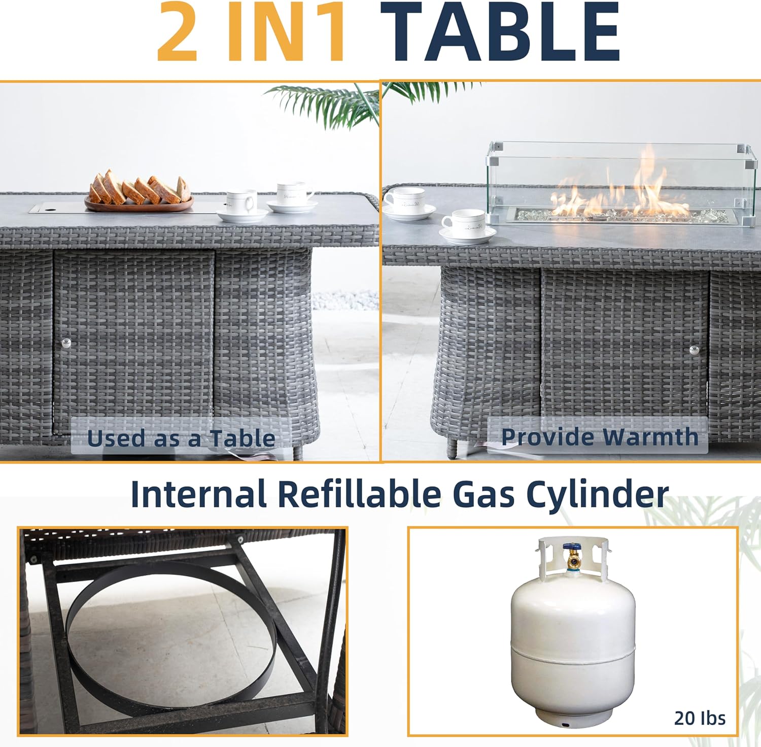 Height Adjustable Fire Pit Table, 2-in-1 Design with 50,000 BTU Burner, Brown Rattan Wicker, 19.68-28.34 inch Adjustable Height, Glass Wind Guard (Grey)