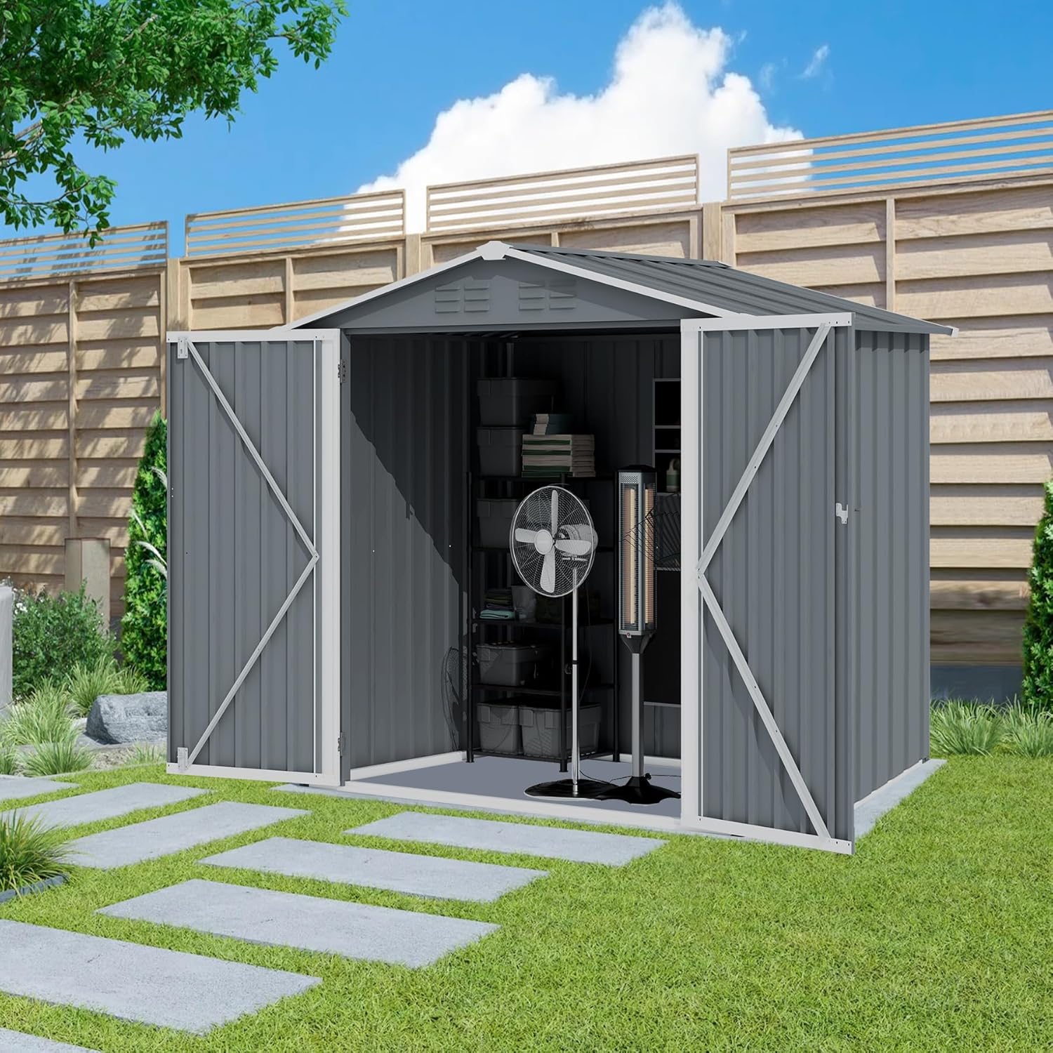Outdoor Storage Shed 6 x 4 FT Large Metal Tool Sheds, Heavy Duty Storage House with Sliding Doors with Air Vent for Backyard Patio Lawn to Store Bikes, Tools, Lawnmowers Grey