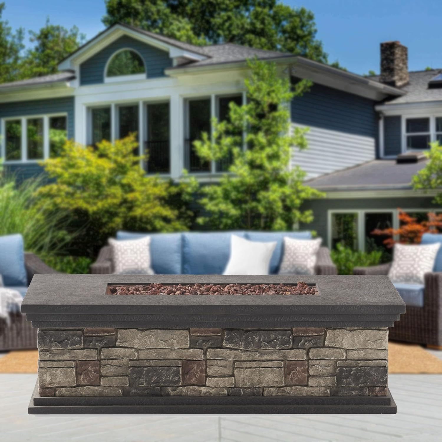 56'' Propane Fire Pit Table, 50,000 BTU Rectangle Outdoor Gas Firepit, Imitation Stone Concrete fire Pit Table with Auto-Ignition for Patio, Deck, Garden