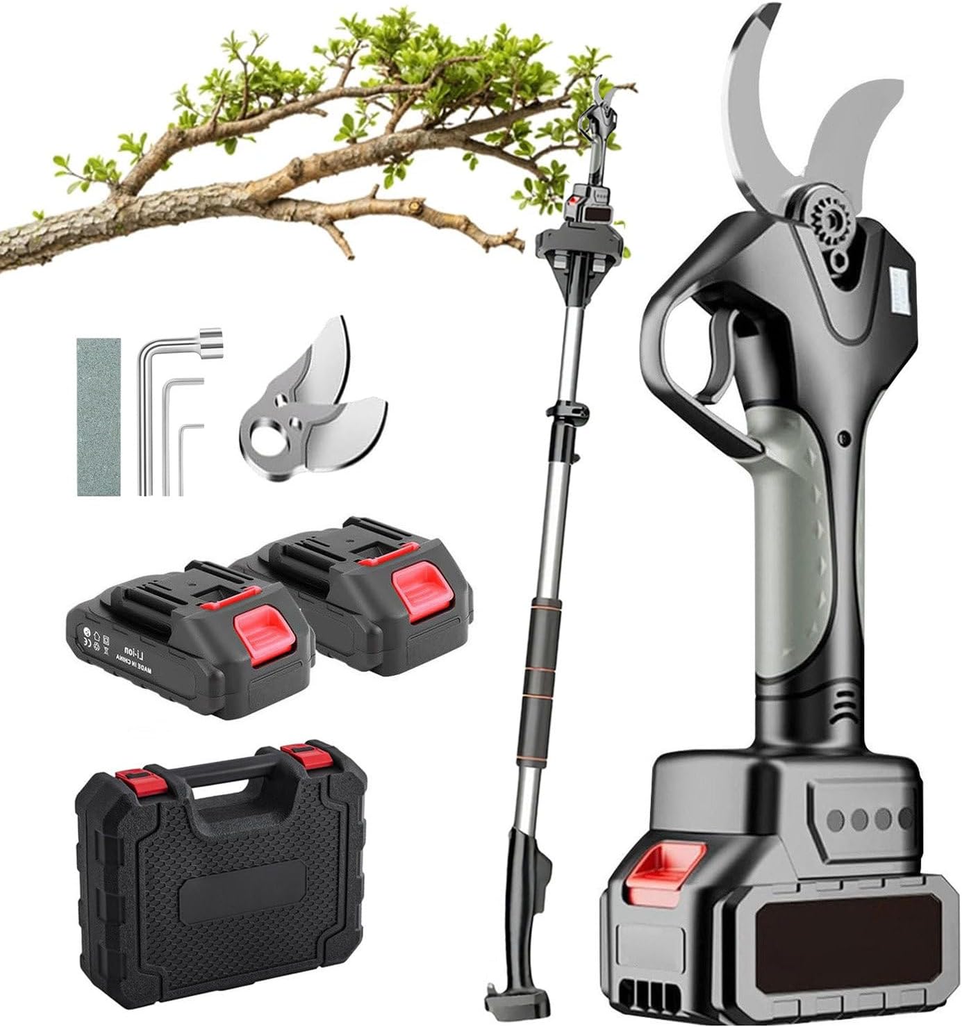 Cordless Electric Pruning Shears, 980W Branch Pruner, 50mm Cutting Diameter, with 2.1m Extension Pole / 2×Battery, LCD Display,for Pruning Trees and Shrubs and Fruit Trees