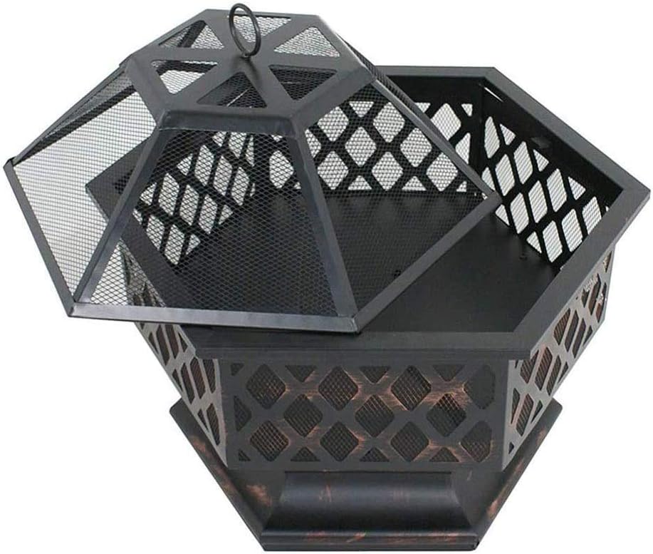 Garden Fire Pit Grill Bowl Grill Barbecue Rack Outdoor Fire Pits Portable Metal Fire Pit Hexagon Design Fireplace Stove with Mesh Screen Cover Fireplace Stove Wood Burning