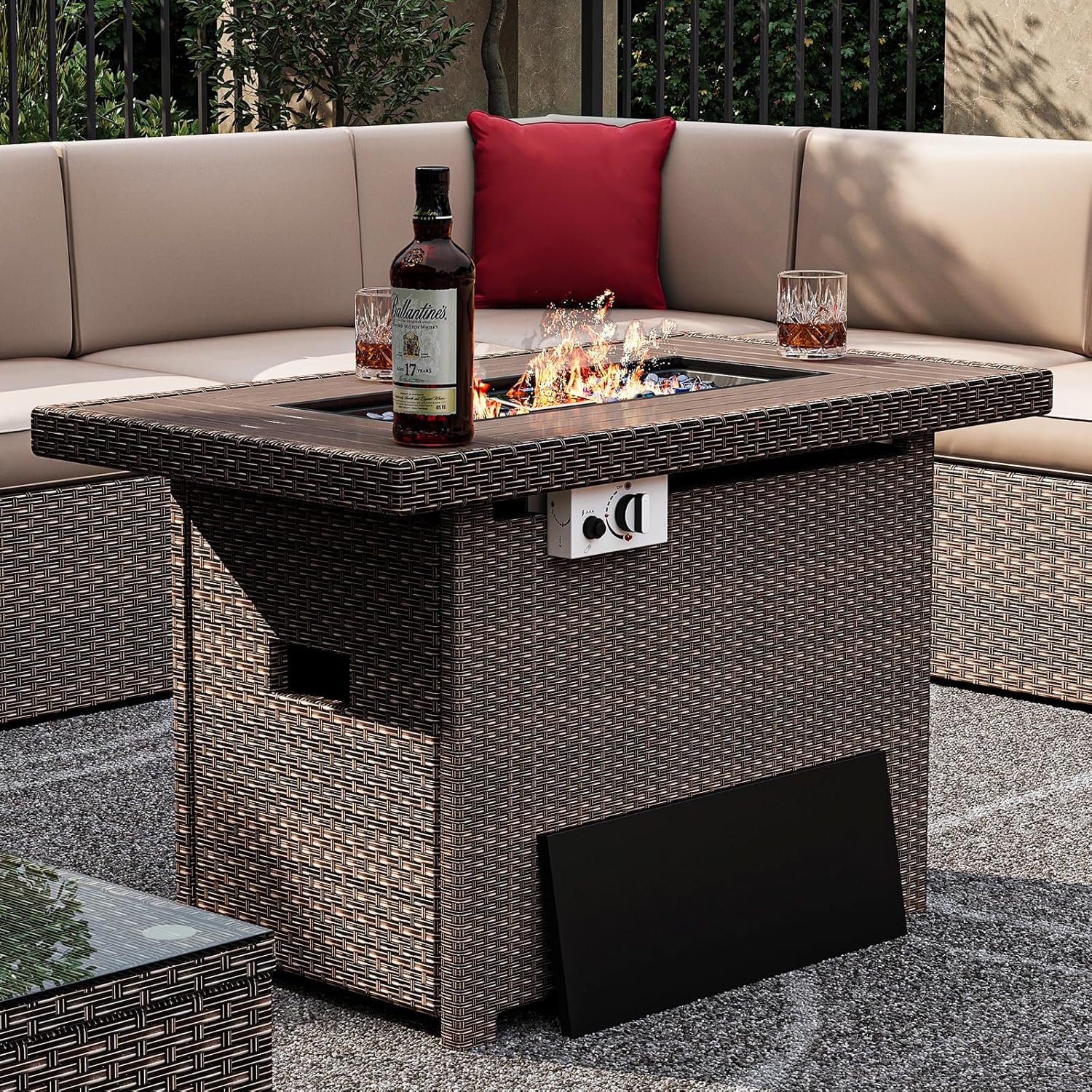 Propane Fire Pit Table with Storage, 40 in CSA Propane Fire Table Rectangular, Auto Ignition Gas Fire Pit for Outside Patio Deck, Oxford Cover, Brown Wicker