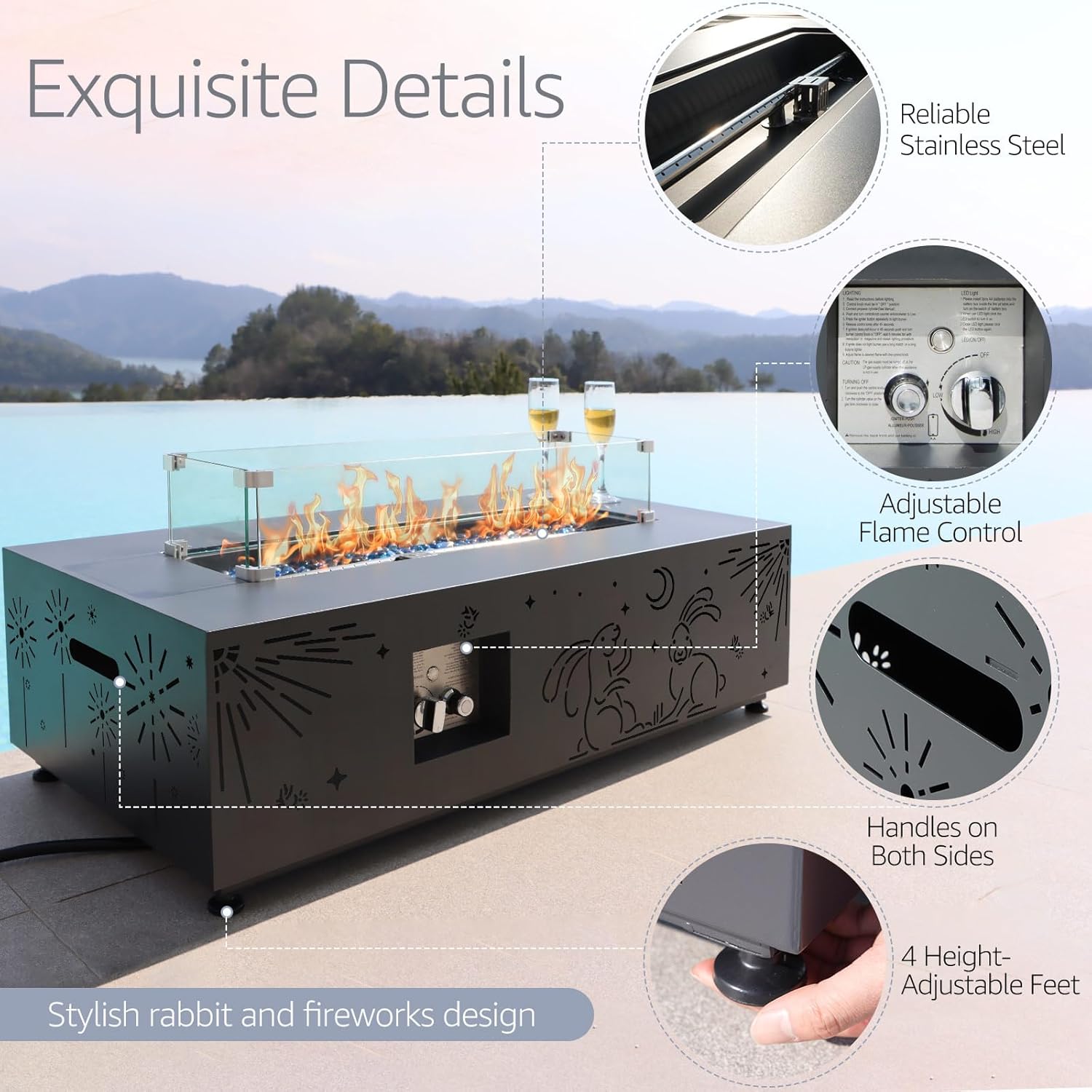 Propane Fire Pit Table for Outside Patio with Gas Tank Table, Contemporary Outdoor Firepit with Glass Rocks, Wind Guard and Cover, 42'' Fireplace All Weather Resistant, Dark Grey