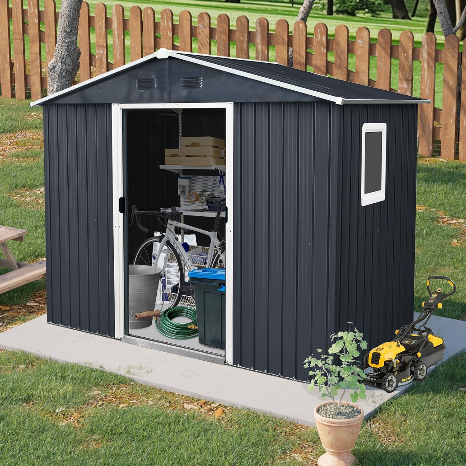 8x4 ft Outdoor Metal Storage Shed with Floor Frame and Window, Lockable Galvanized Steel Tool Shed with Sliding Door and Air Vent, Waterproof Garden Storage House for Backyard, Patio
