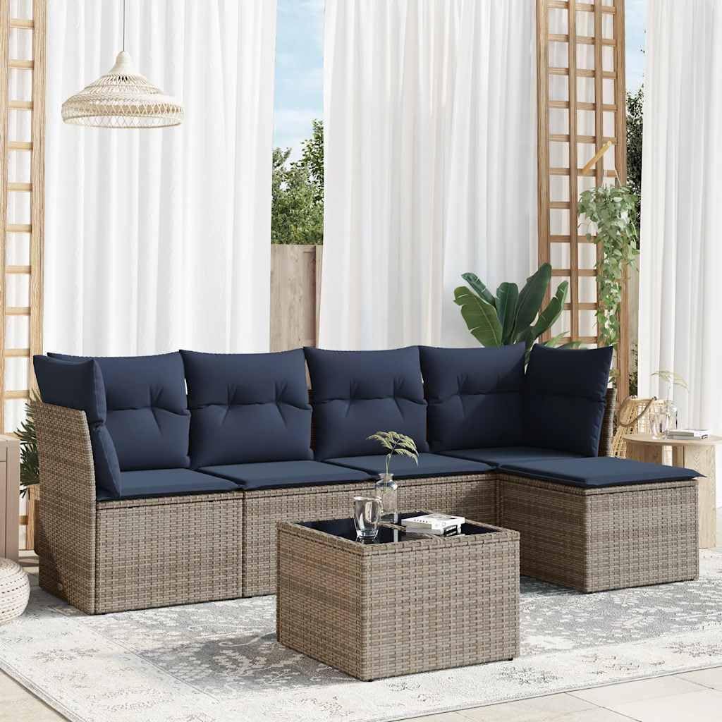 6 Piece Patio Sofa Set with Cushions, Gray Poly Rattan Outdoor Furniture, Modular Design with Tempered Glass Table, Balcony Garden Dining