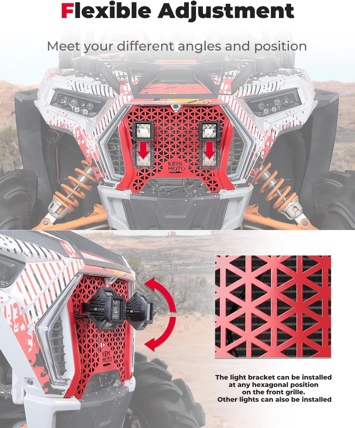 KEMIMOTO UTV Metal Front Grill Light Compatible with 2019-2023 Polaris RZR XP/XP4 1000/1000 S/Turbo/Turbo S, Red Mesh Grille with Waterproof LED Light Bar Accessories Replace 5455433-070