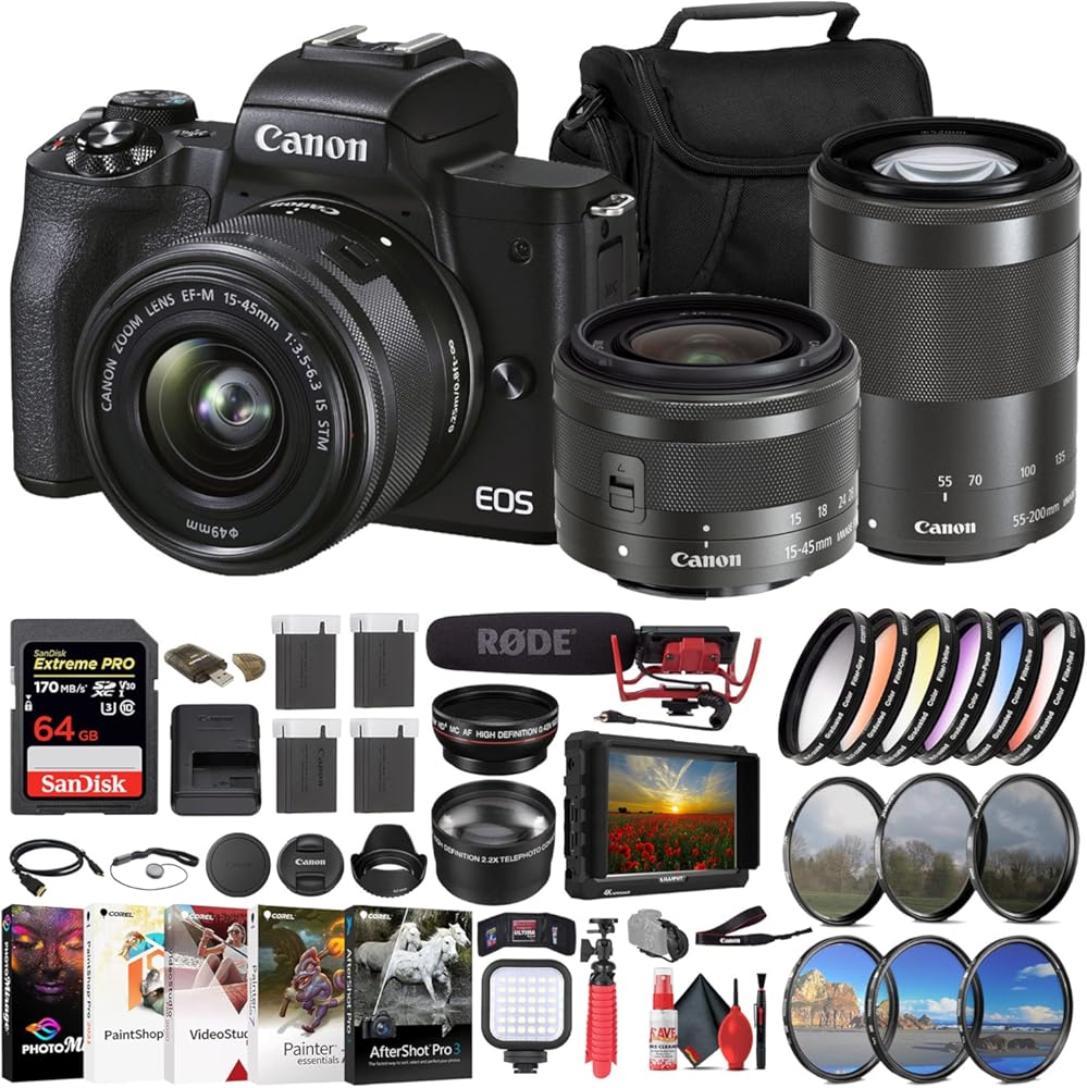 Canon EOS M50 Mark II Mirrorless Camera with 15-45mm and 55-200mm Lenses (Black) (4728C014) + 4K Monitor + Rode VideoMic + 64GB Memory Card + Color Filter Kit + Filter Kit + Charger + More (Renewed)