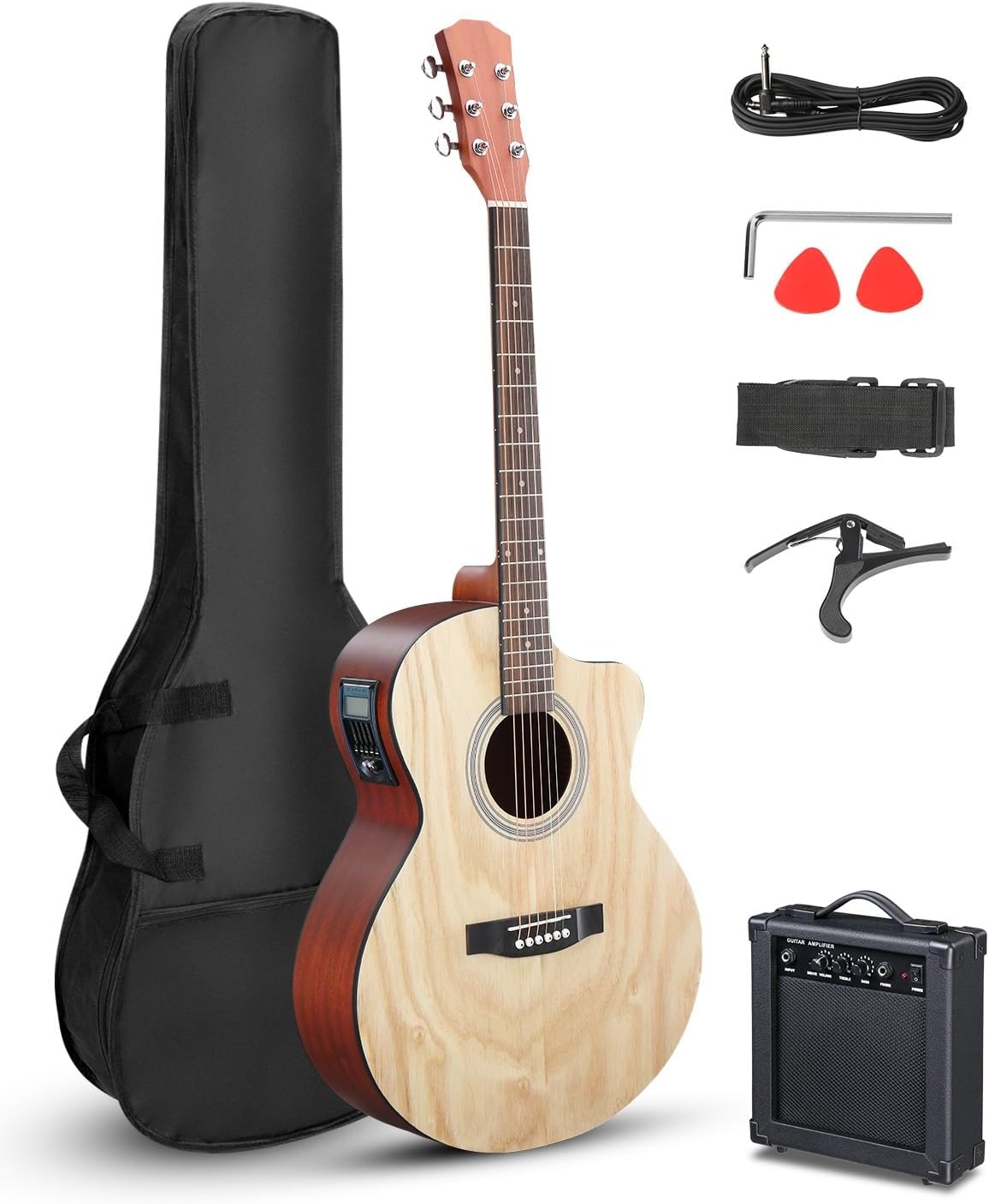 Ktaxon 41 Inch Cutaway Acoustic Electric Guitar, Full Size Manchurian Ash Body Beginner Guitars Kit with 15W Amp, Extra Strings & Capo Includes All Accessories (Natural)